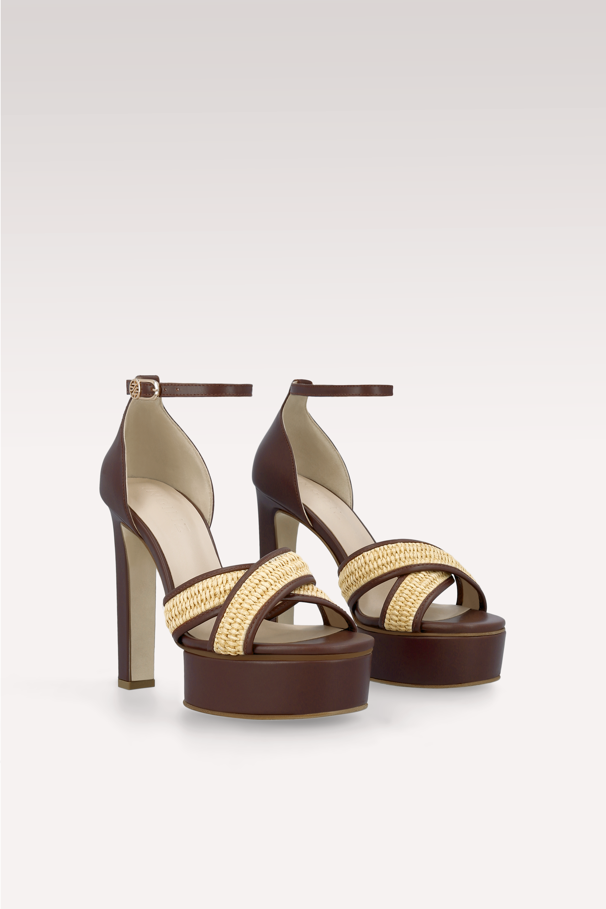 PATTY RAFFIA AND CHOCOLATE BROWN LEATHER PLATFORM SANDALS