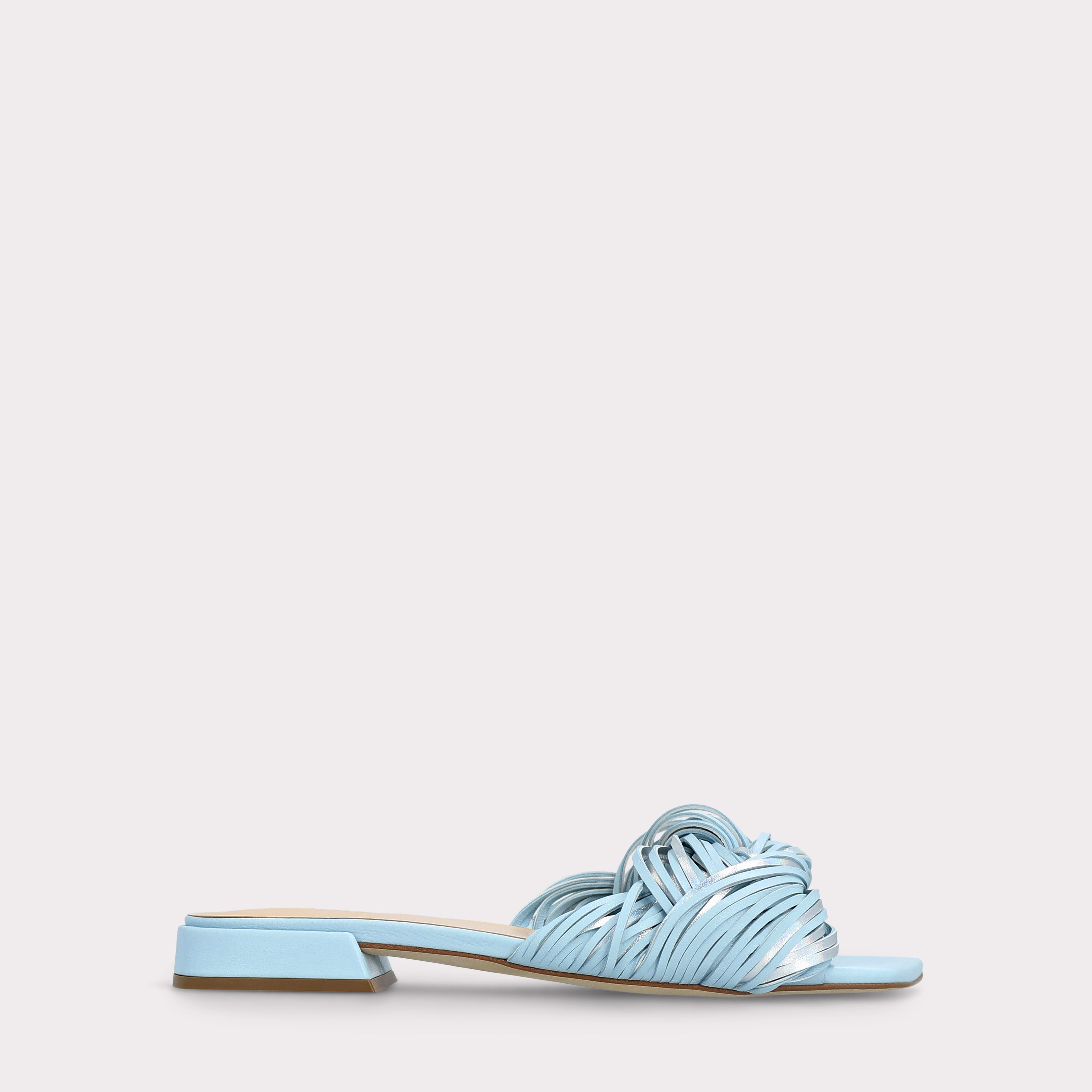 LEXI SKY BLUE NAPPA AND SILVER METALLIC LEATHER MULES