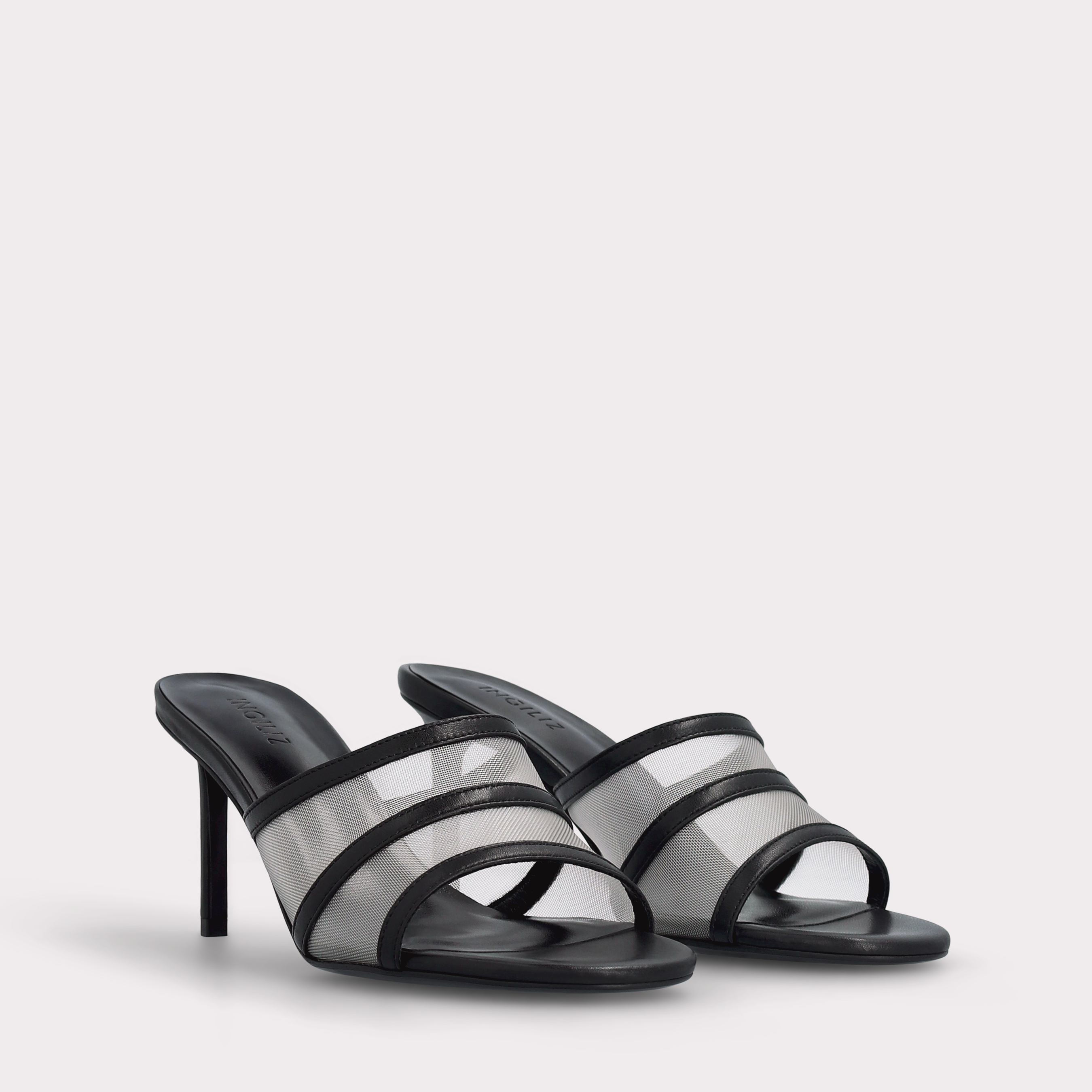 ADELINE BLACK LEATHER AND WHITE MESH MULES