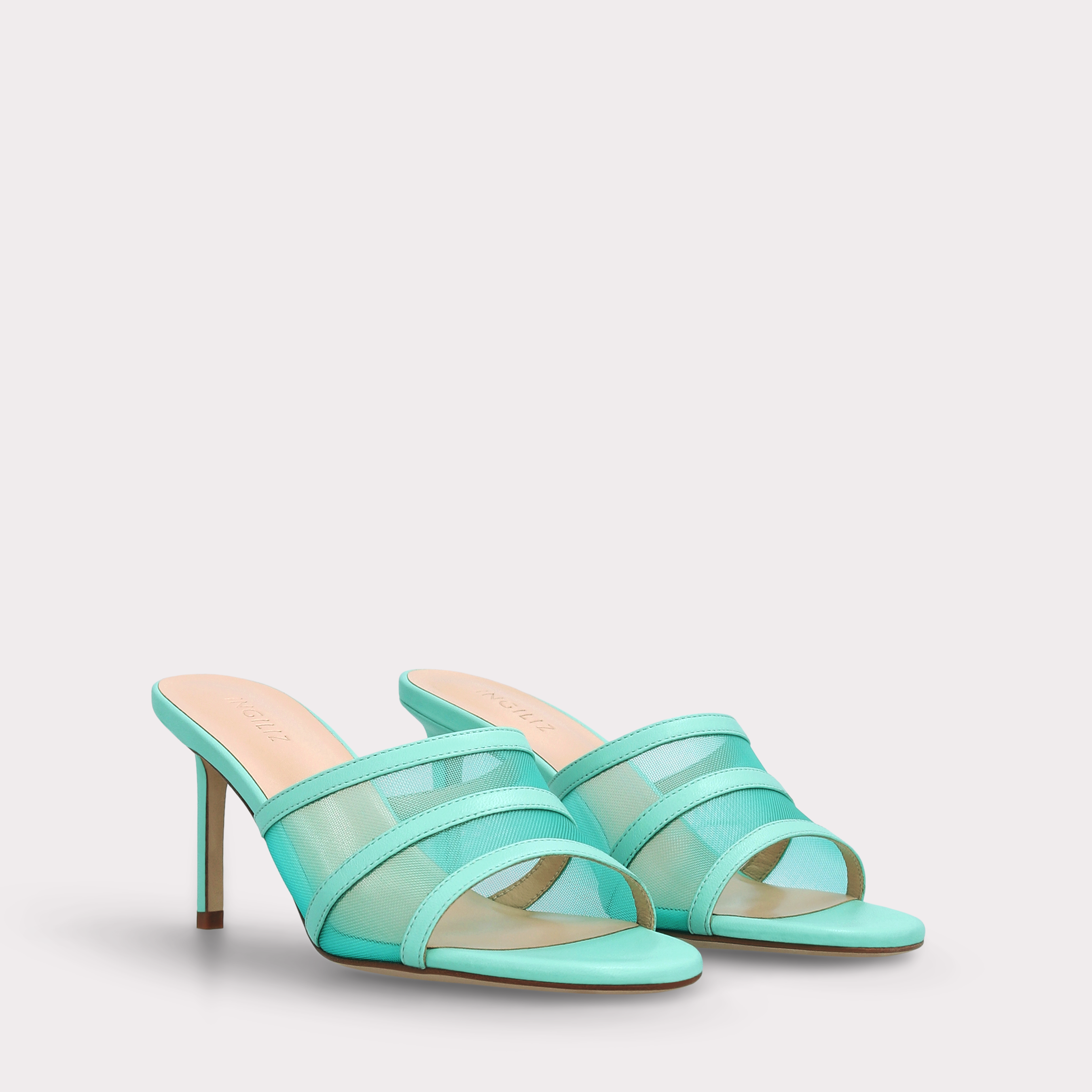 ADELINE GREEN LEATHER AND MESH MULES