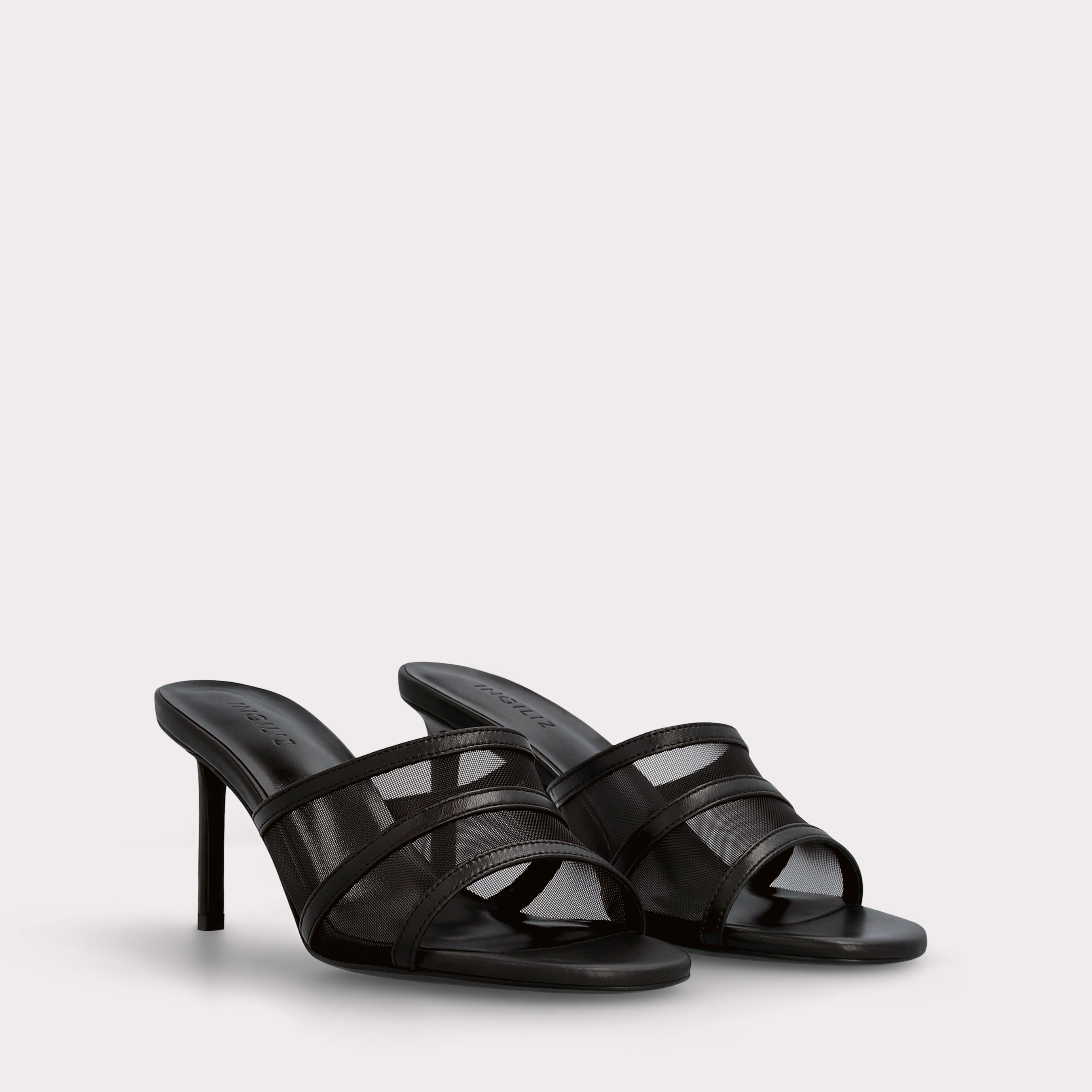 ADELINE BLACK LEATHER AND BLACK MESH MULES