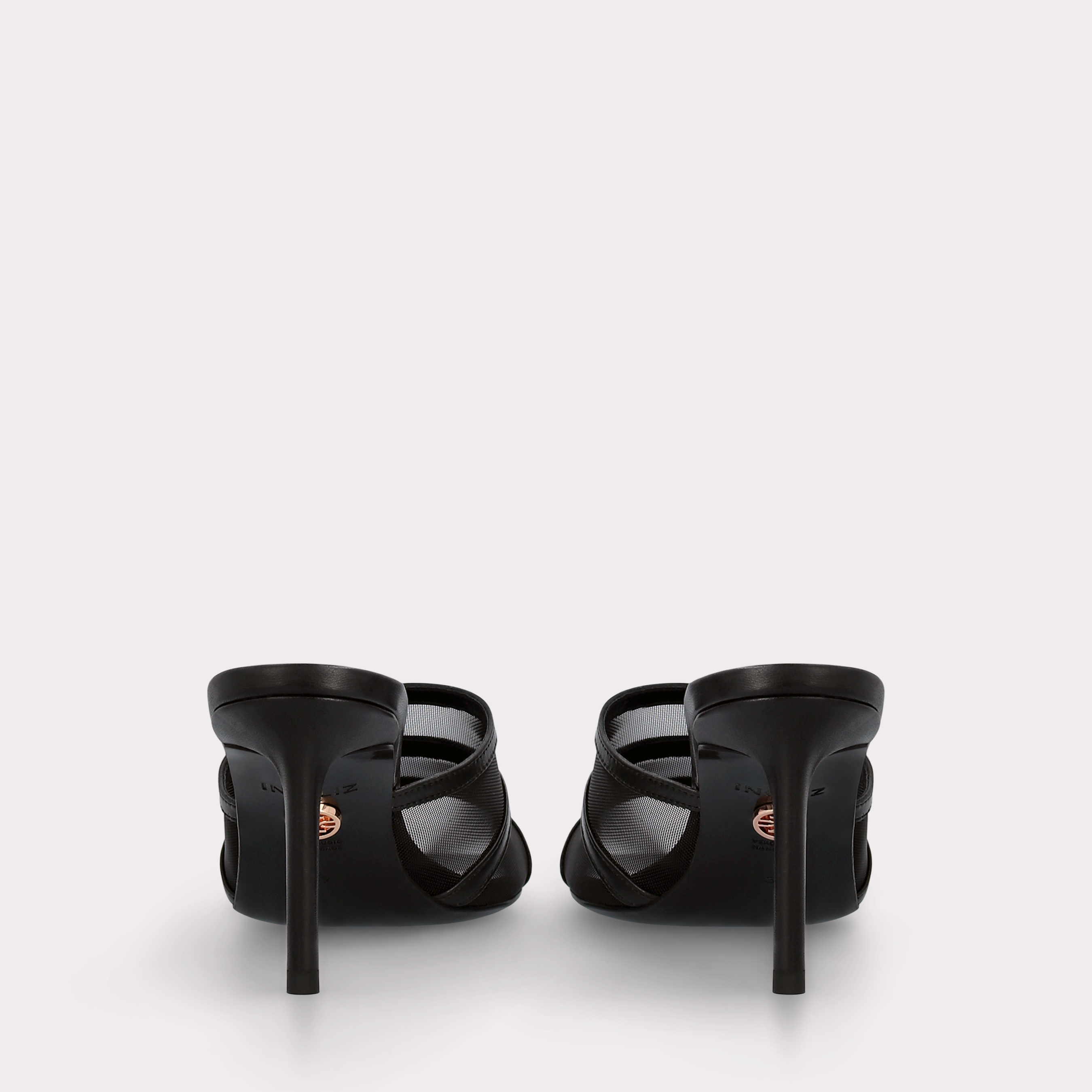 ADELINE BLACK LEATHER AND BLACK MESH MULES