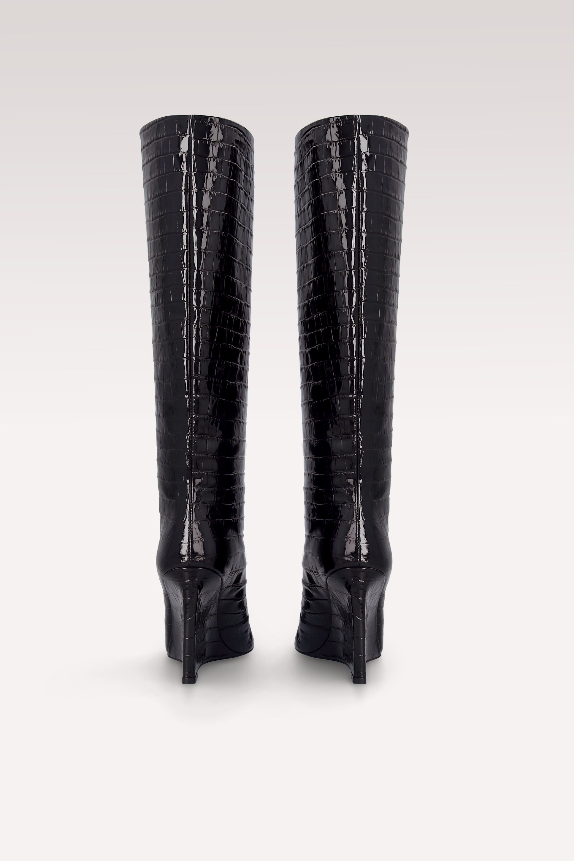 ZEUDI 02 BLACK PATENT CROCO EMBOSSED LEATHER EDGE HEEL BOOTS