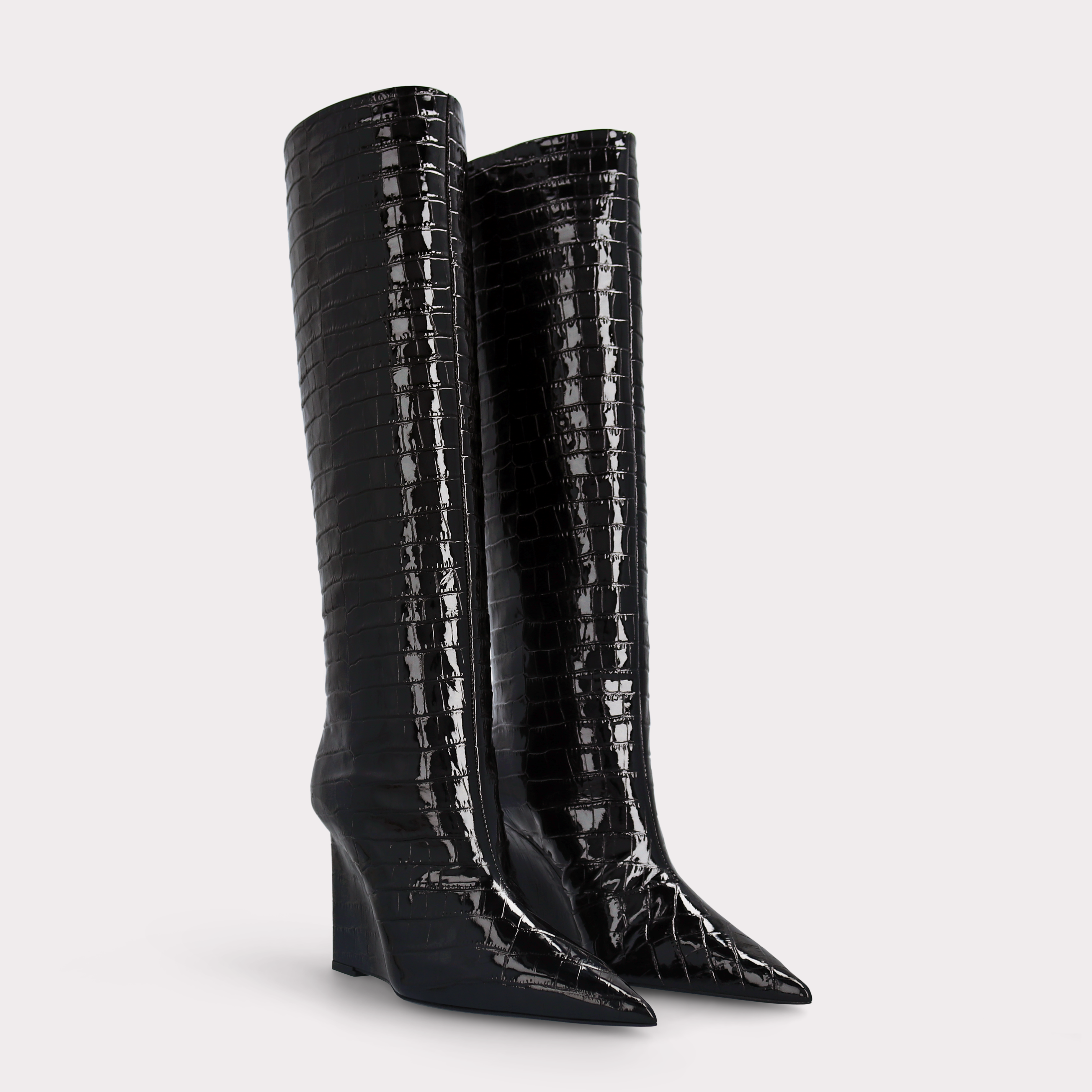 ZEUDI 02 BLACK PATENT CROCO EMBOSSED LEATHER EDGE HEEL BOOTS