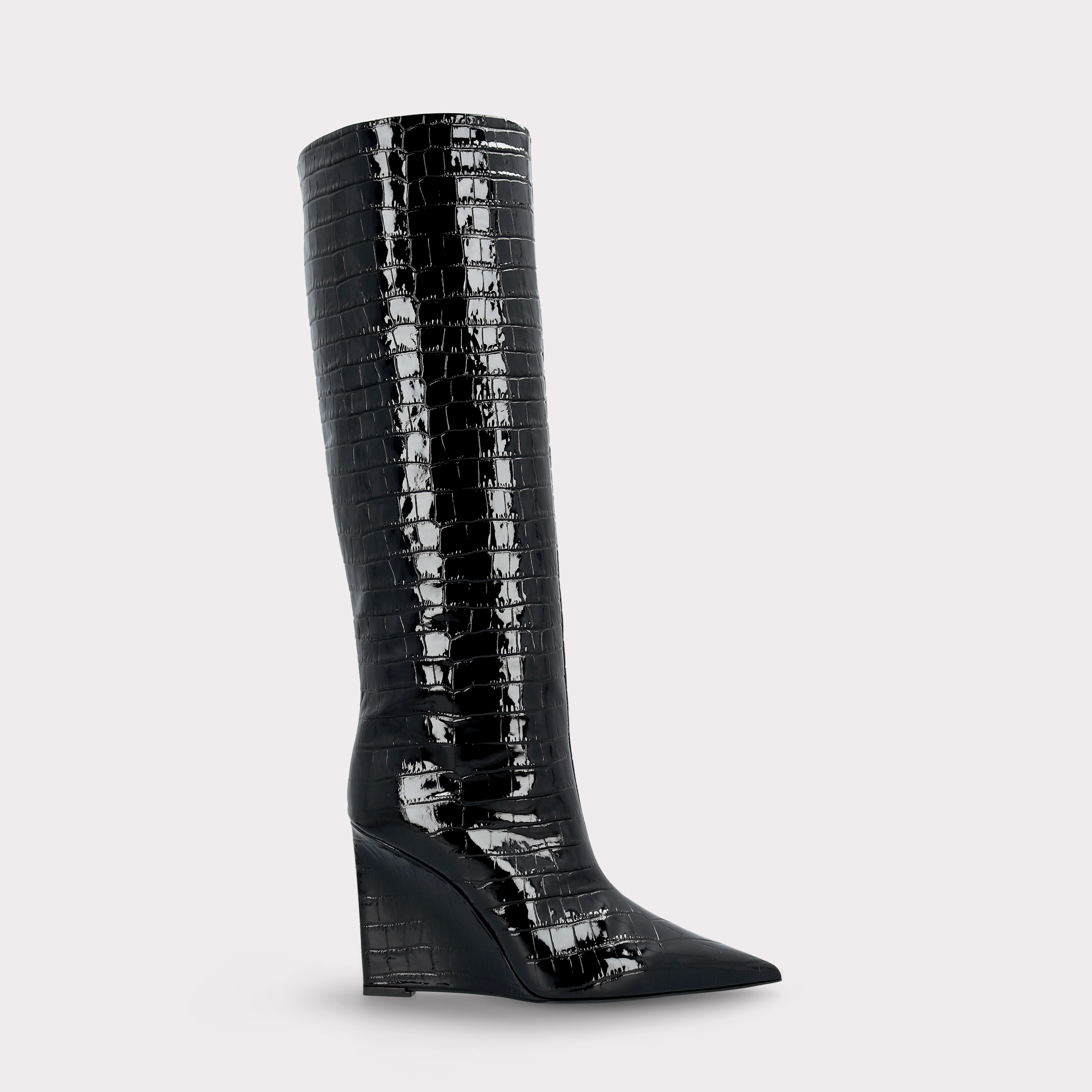 ZEUDI 02 BLACK PATENT CROCO EMBOSSED LEATHER EDGE HEEL BOOTS