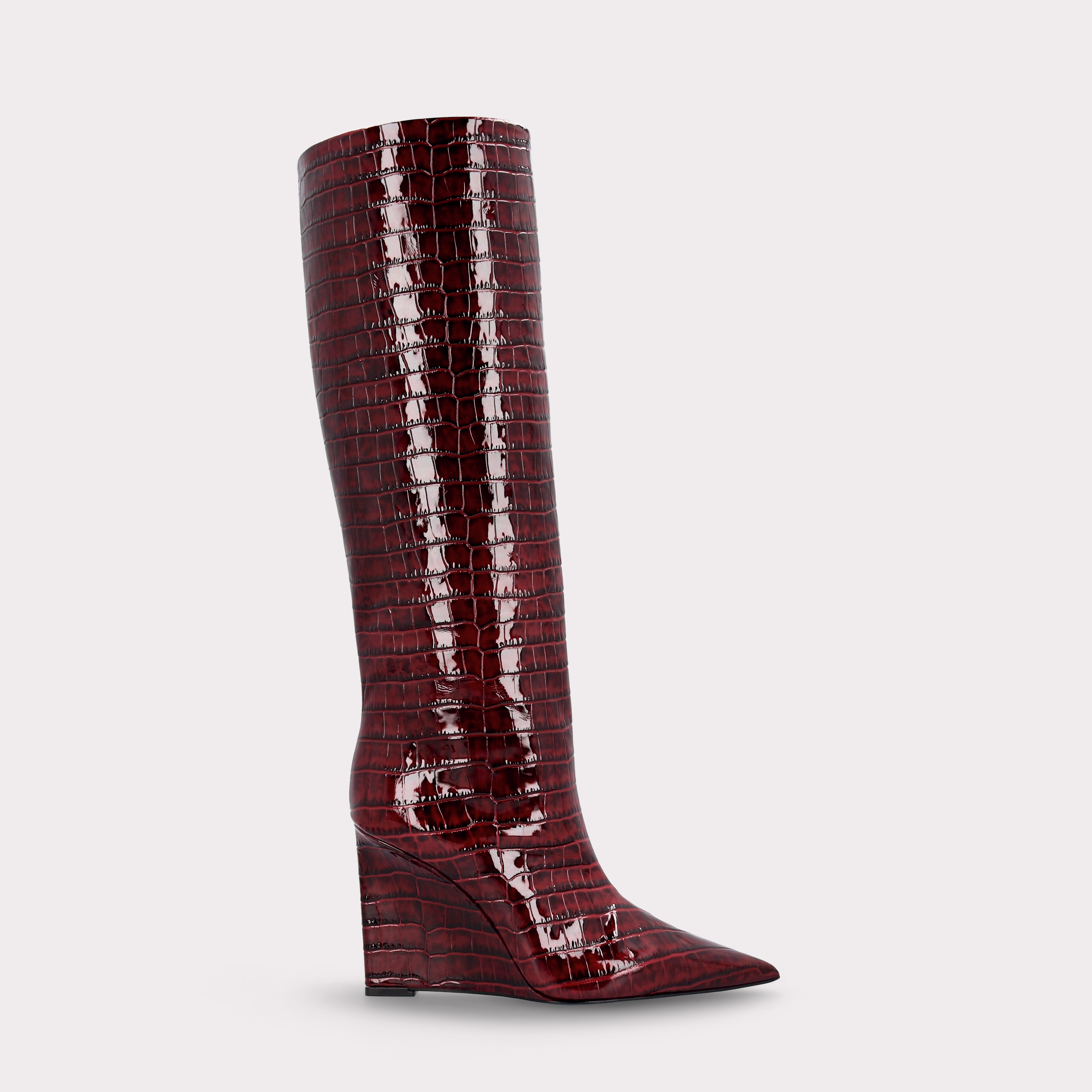 ZEUDI 02 BORDEAUX PATENT CROCO EMBOSSED LEATHER EDGE HEEL BOOTS