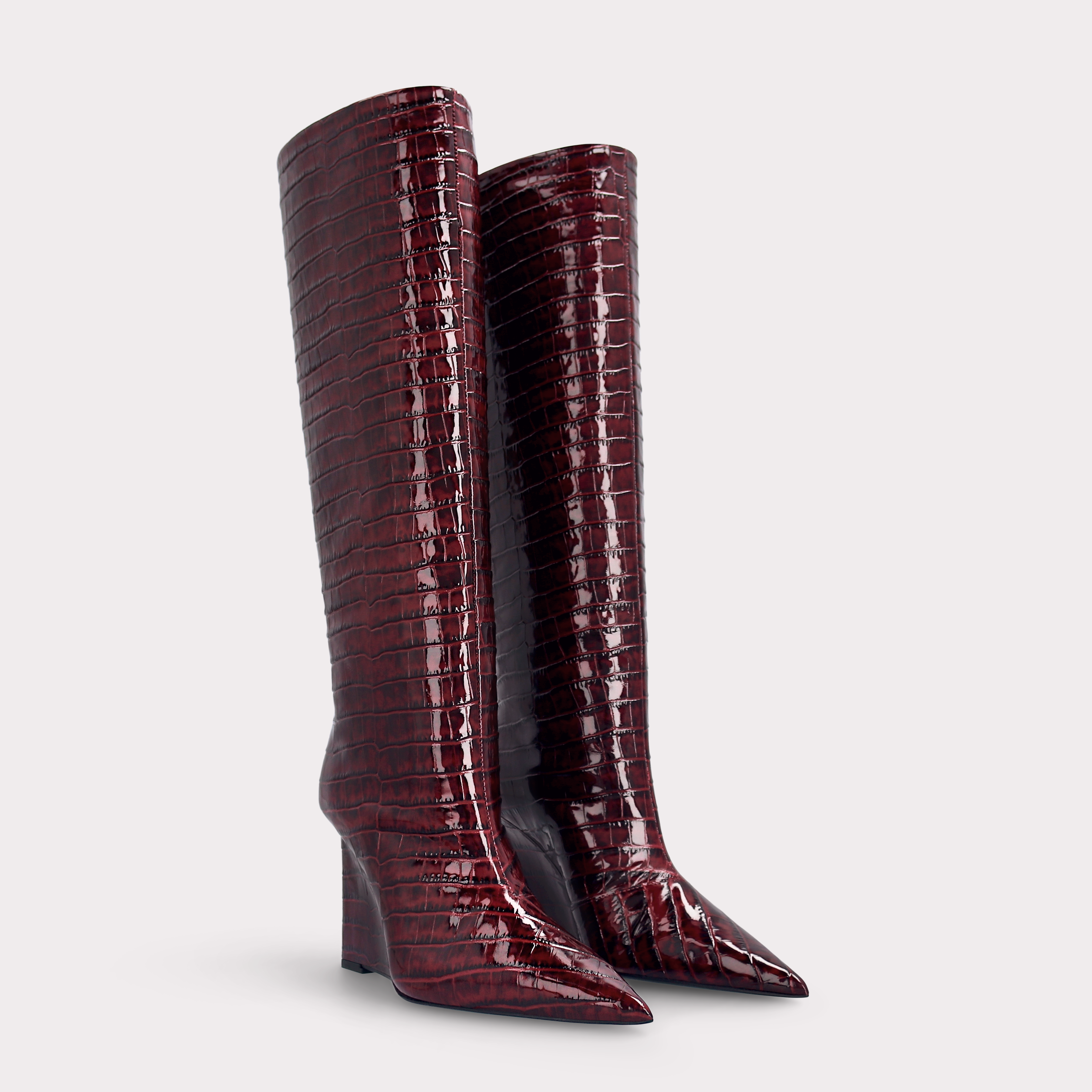 ZEUDI 02 BORDEAUX PATENT CROCO EMBOSSED LEATHER EDGE HEEL BOOTS