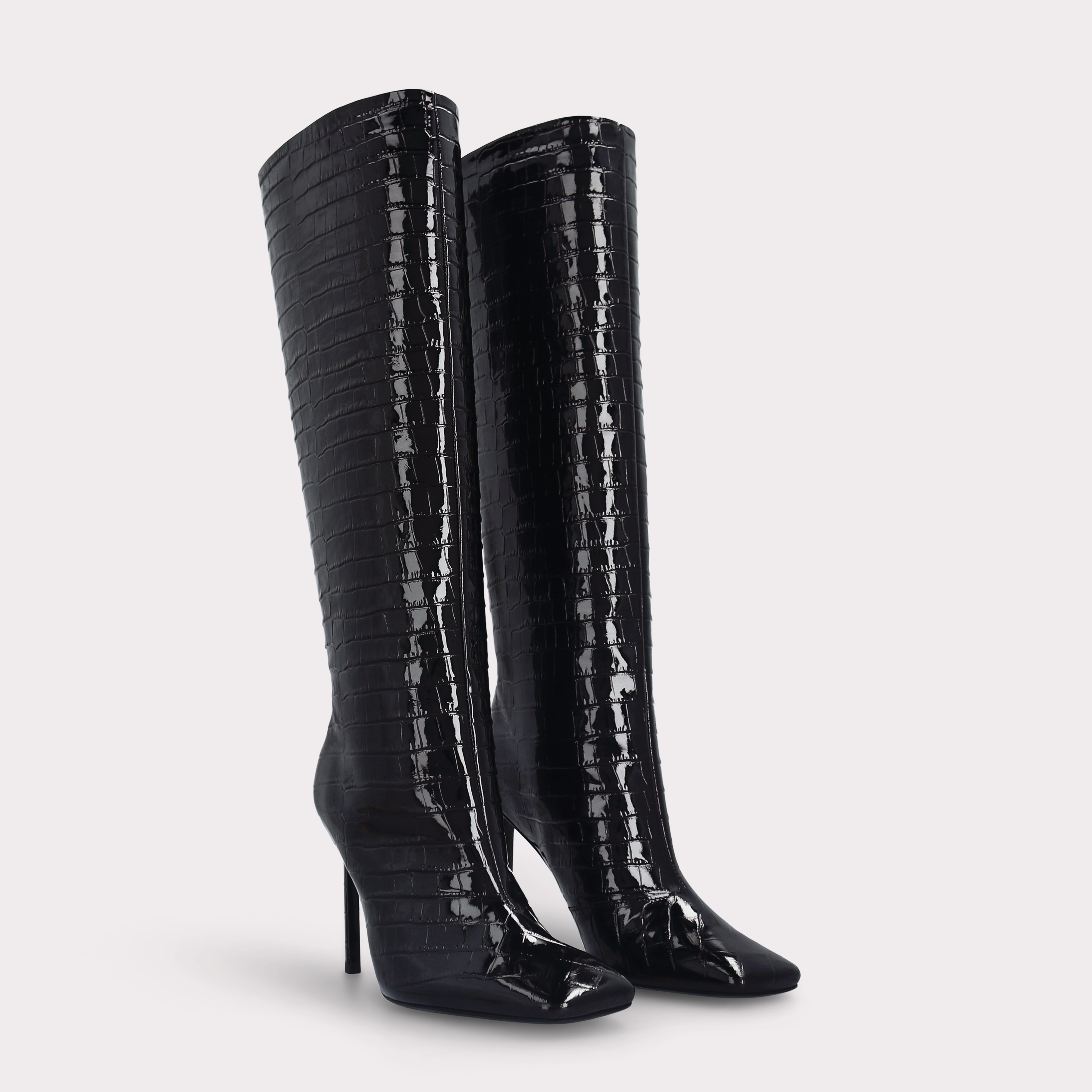 GINEVRA 02 BLACK PATENT CROCO EMBOSSED LEATHER BOOTS