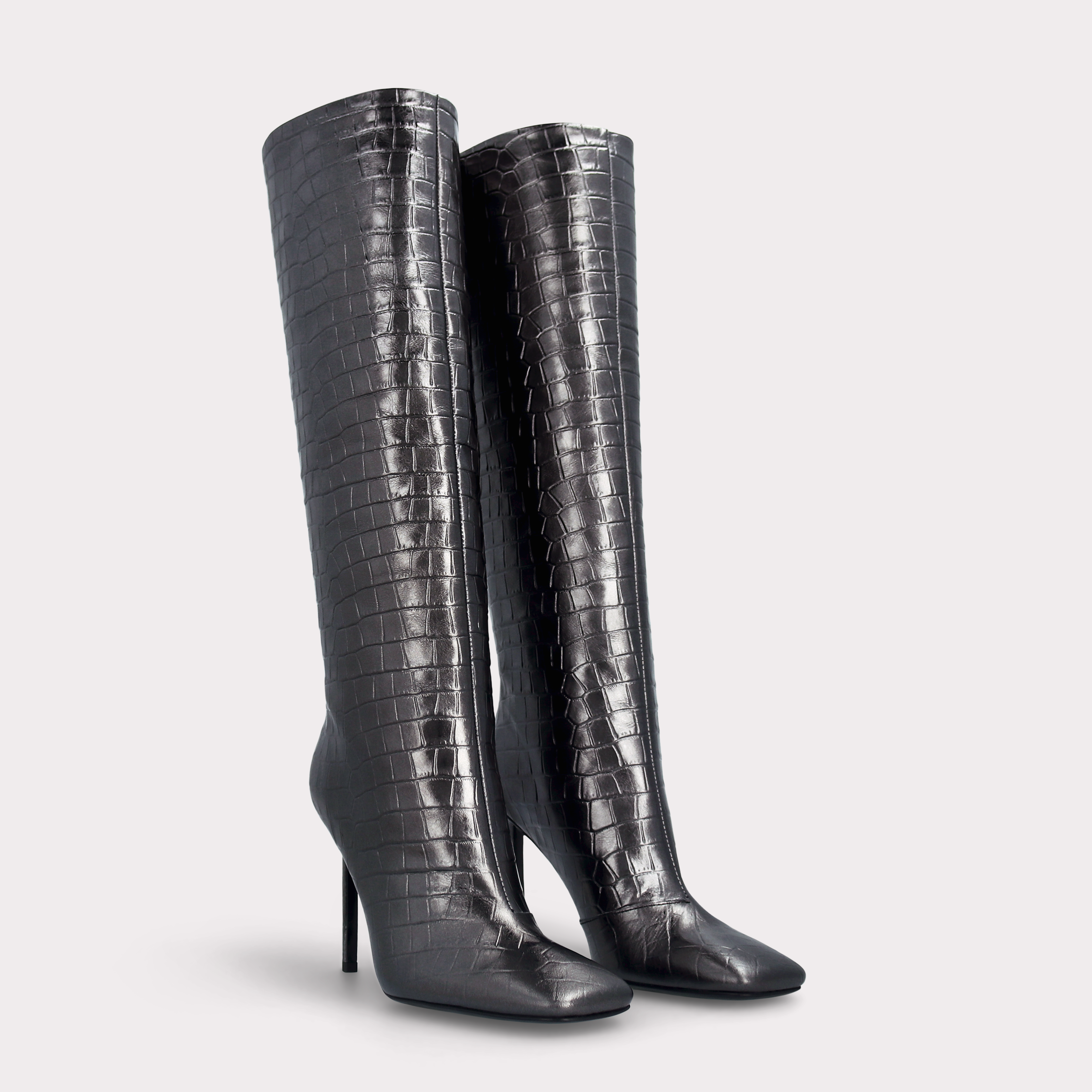 GINEVRA 02 GUNMETAL COLOR CROCO EMBOSSED LEATHER BOOTS