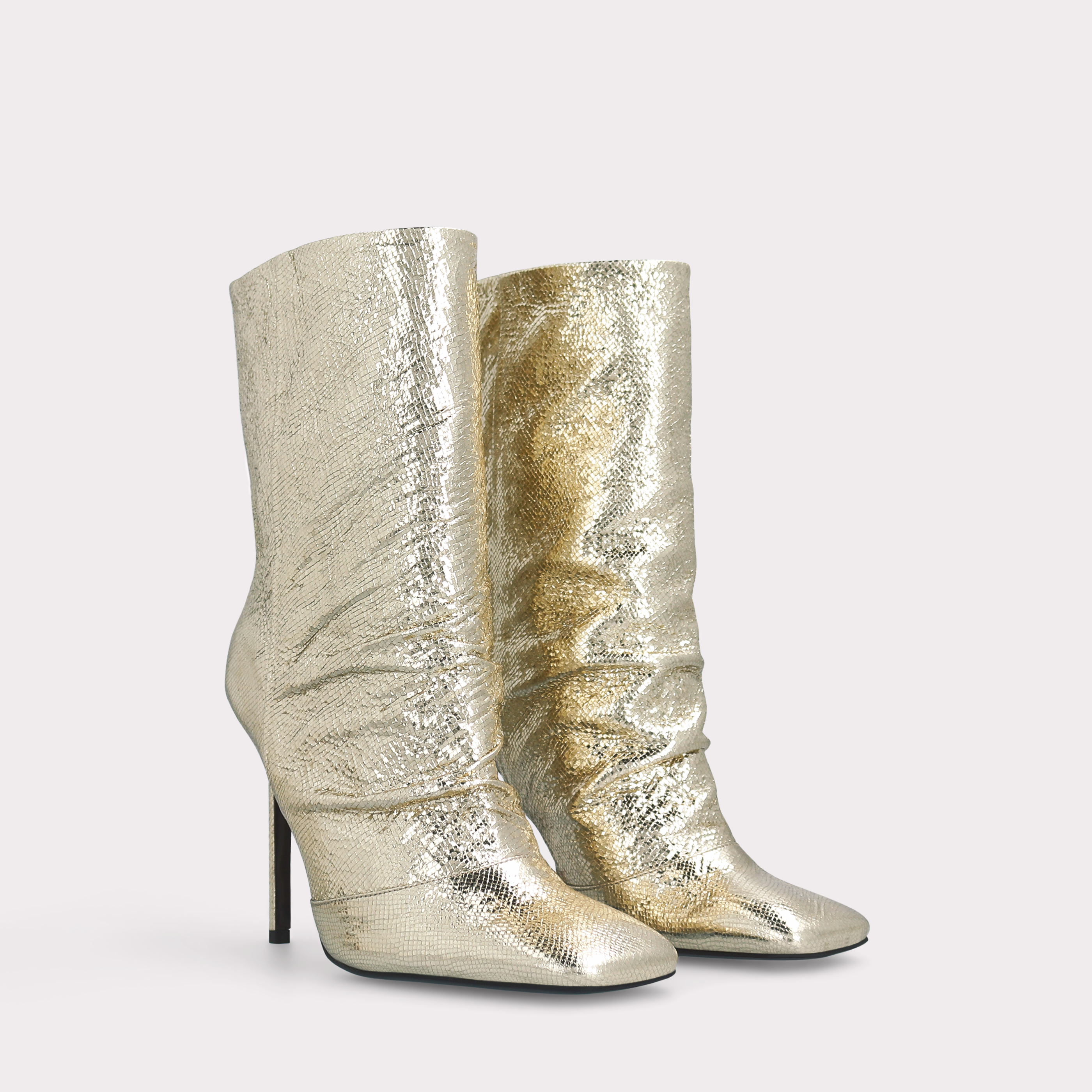 GINEVRA 03 LIGH GOLD CRASH VIPER MIRROR EMBOSSED LEATHER ANKLE BOOTS