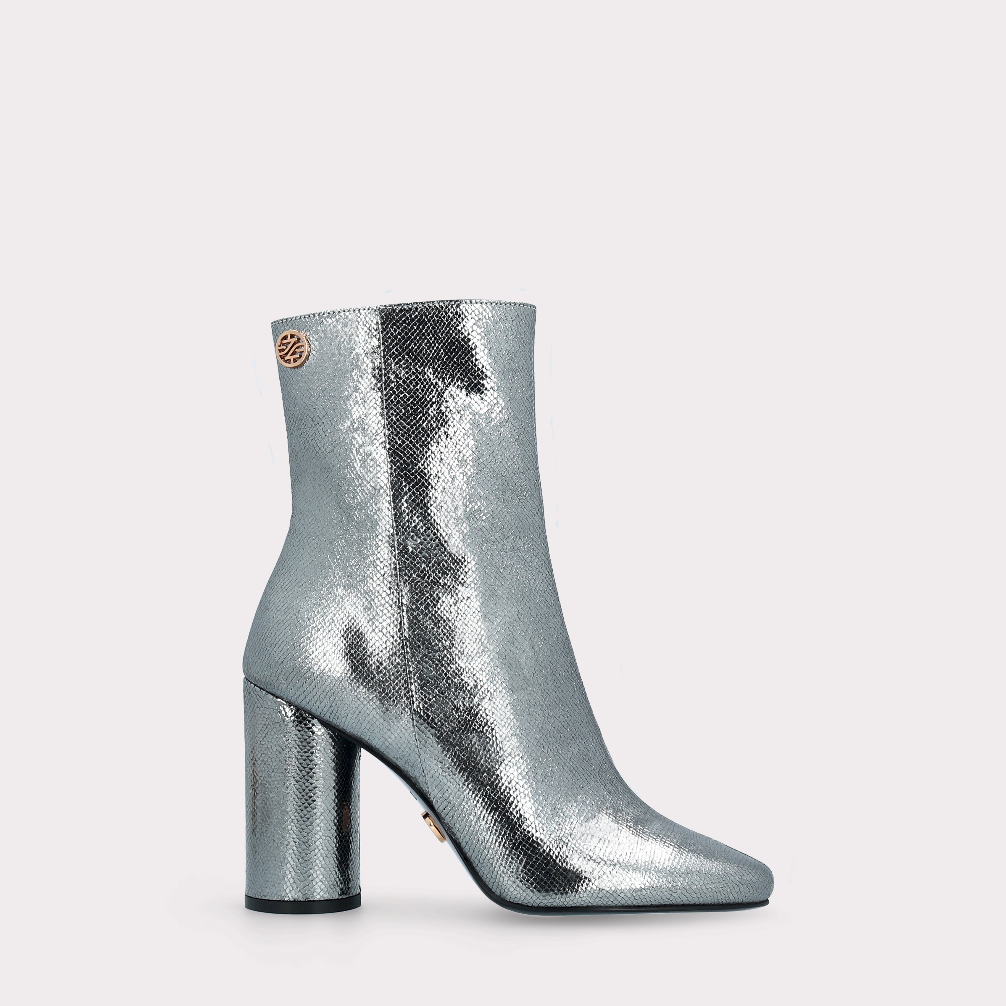 DAFNE 02 DARK SILVER CRASH VIPER MIRROR EMBOSSED LEATHER ANKLE BOOTS