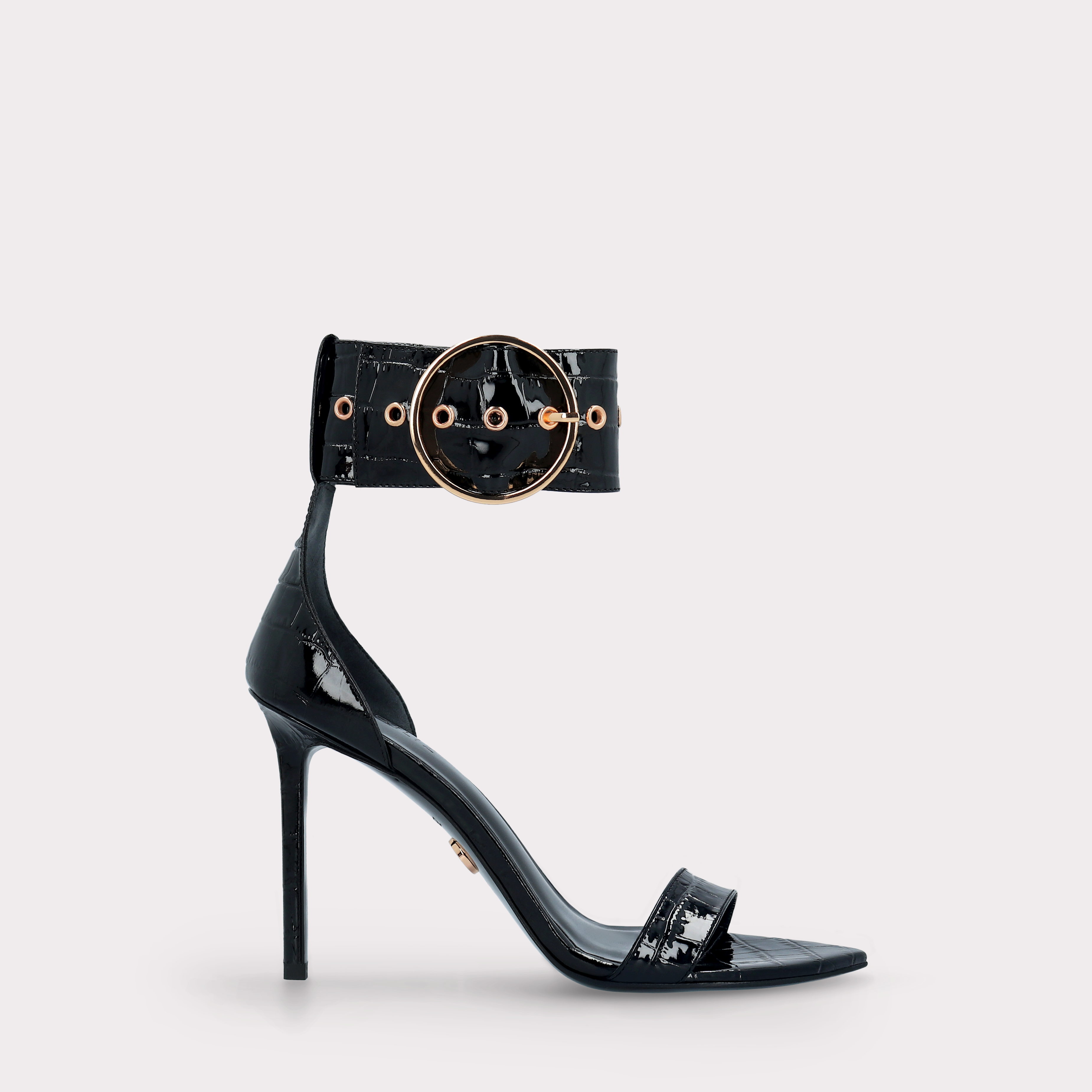 ADELE 01 BLACK PATENT CROCO EMBOSSED LEATHER SANDALS