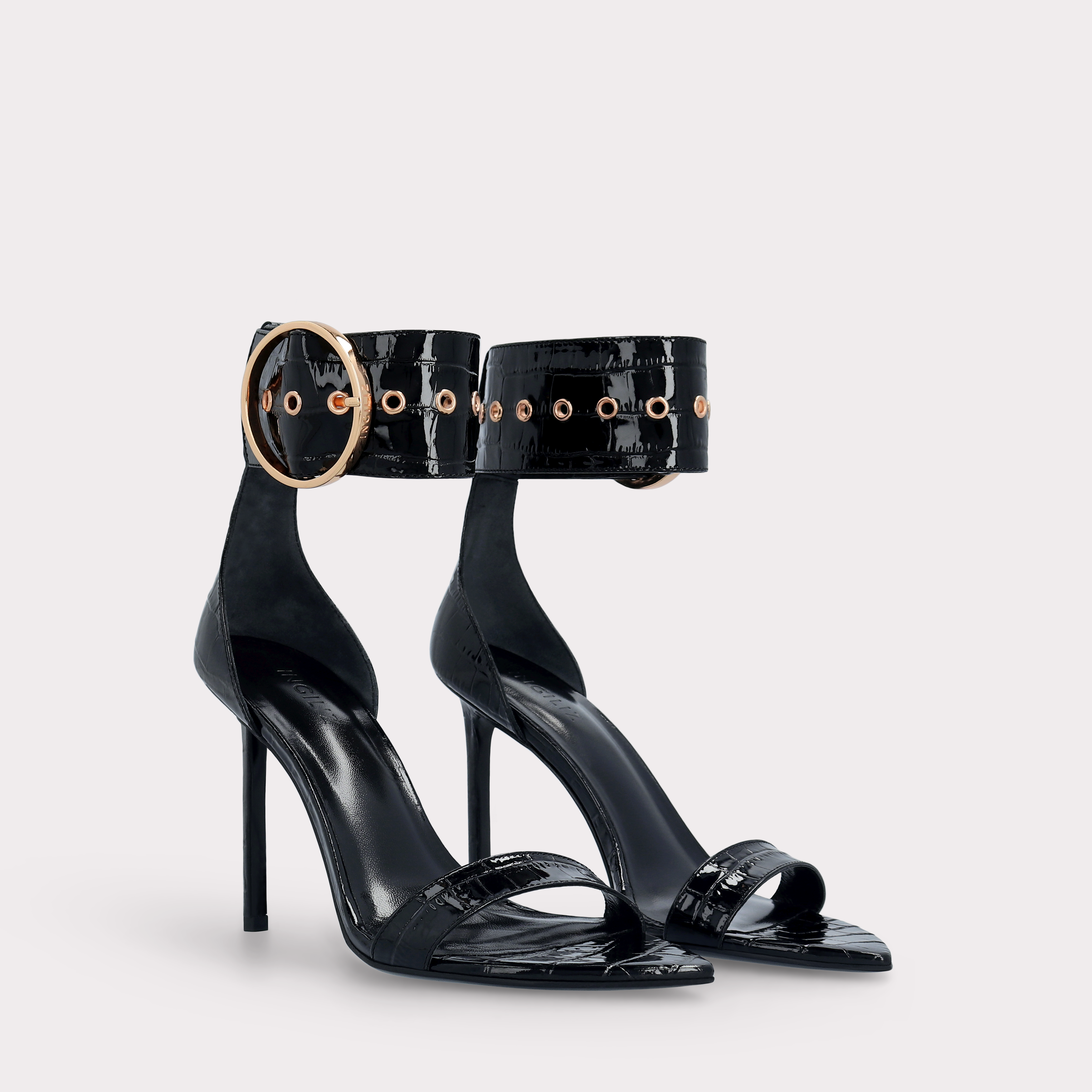 ADELE 01 BLACK PATENT CROCO EMBOSSED LEATHER SANDALS