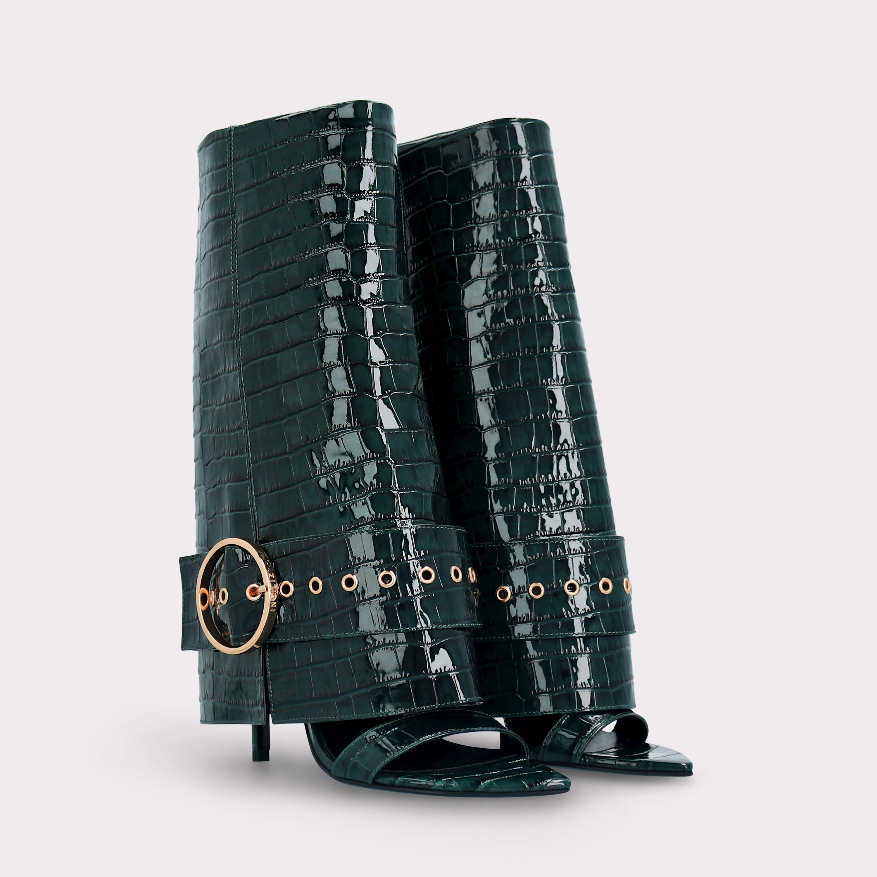 ADELE 02 GREEN PATENT CROCO EMBOSSED LEATHER SANDALS