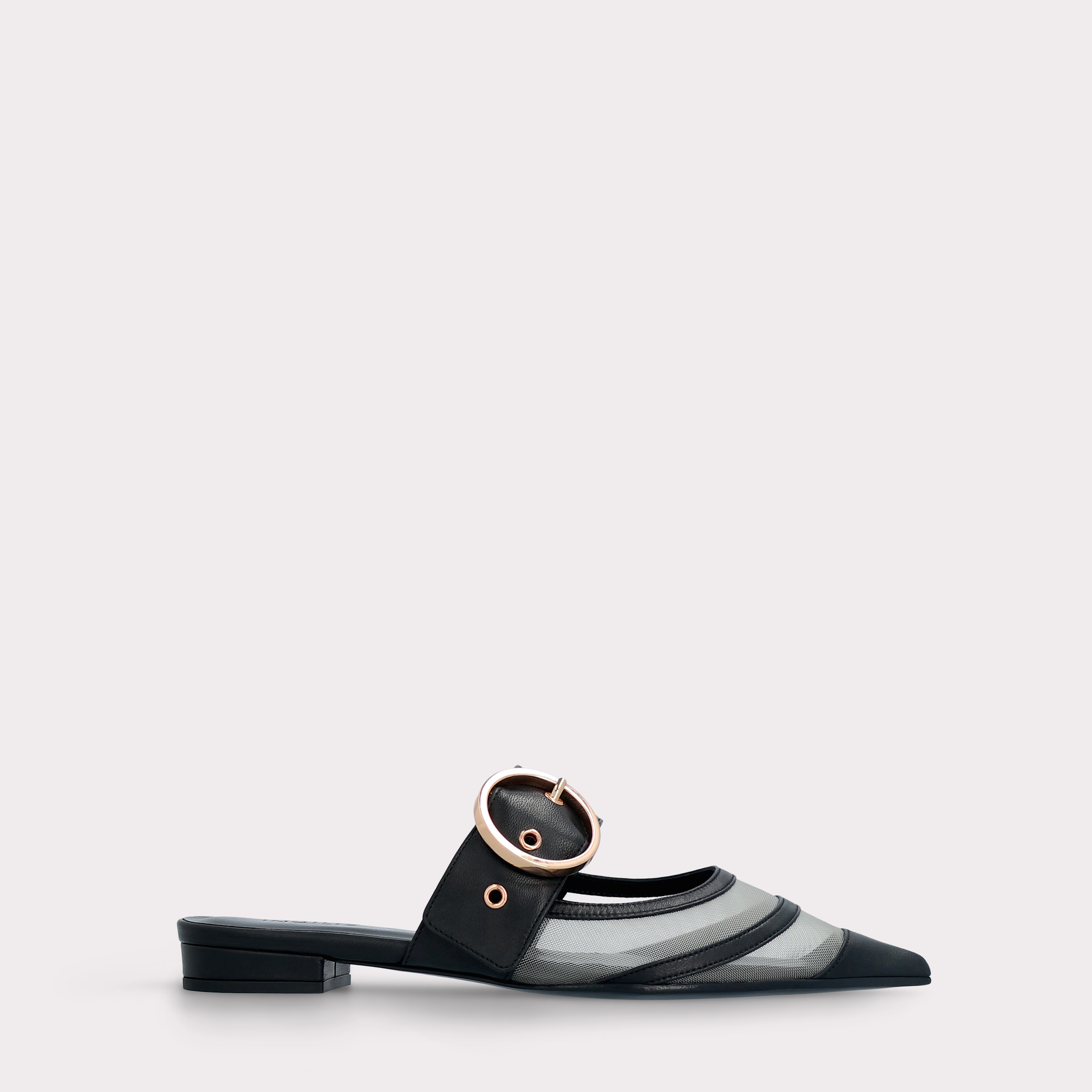 AMELIA BLACK LEATHER AND MESH MULES