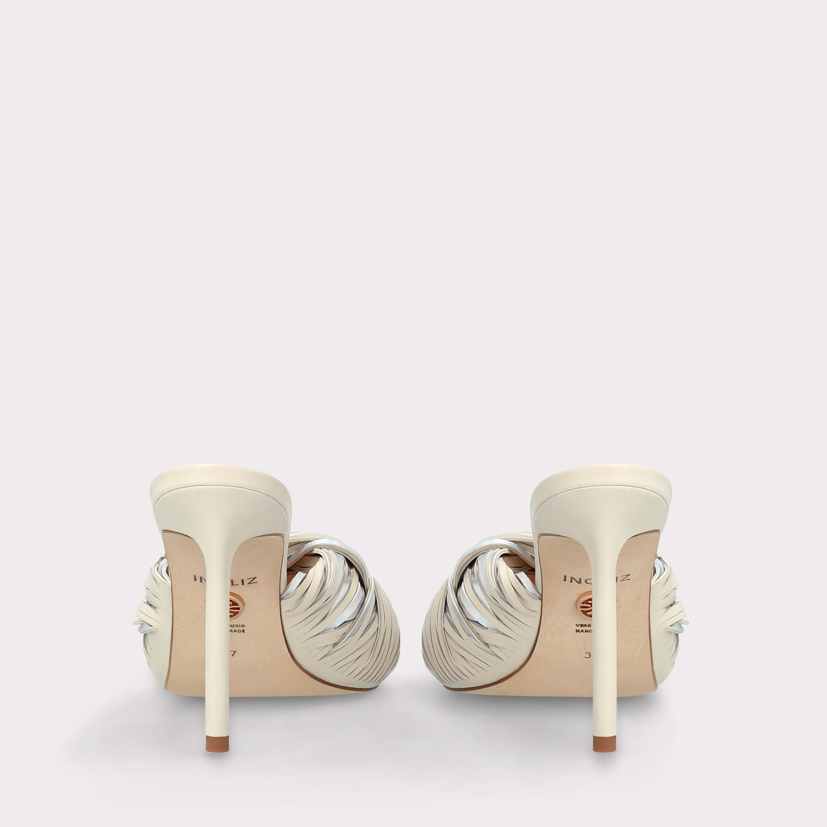 PENELOPE BEIGE AND SILVER LEATHER MULES