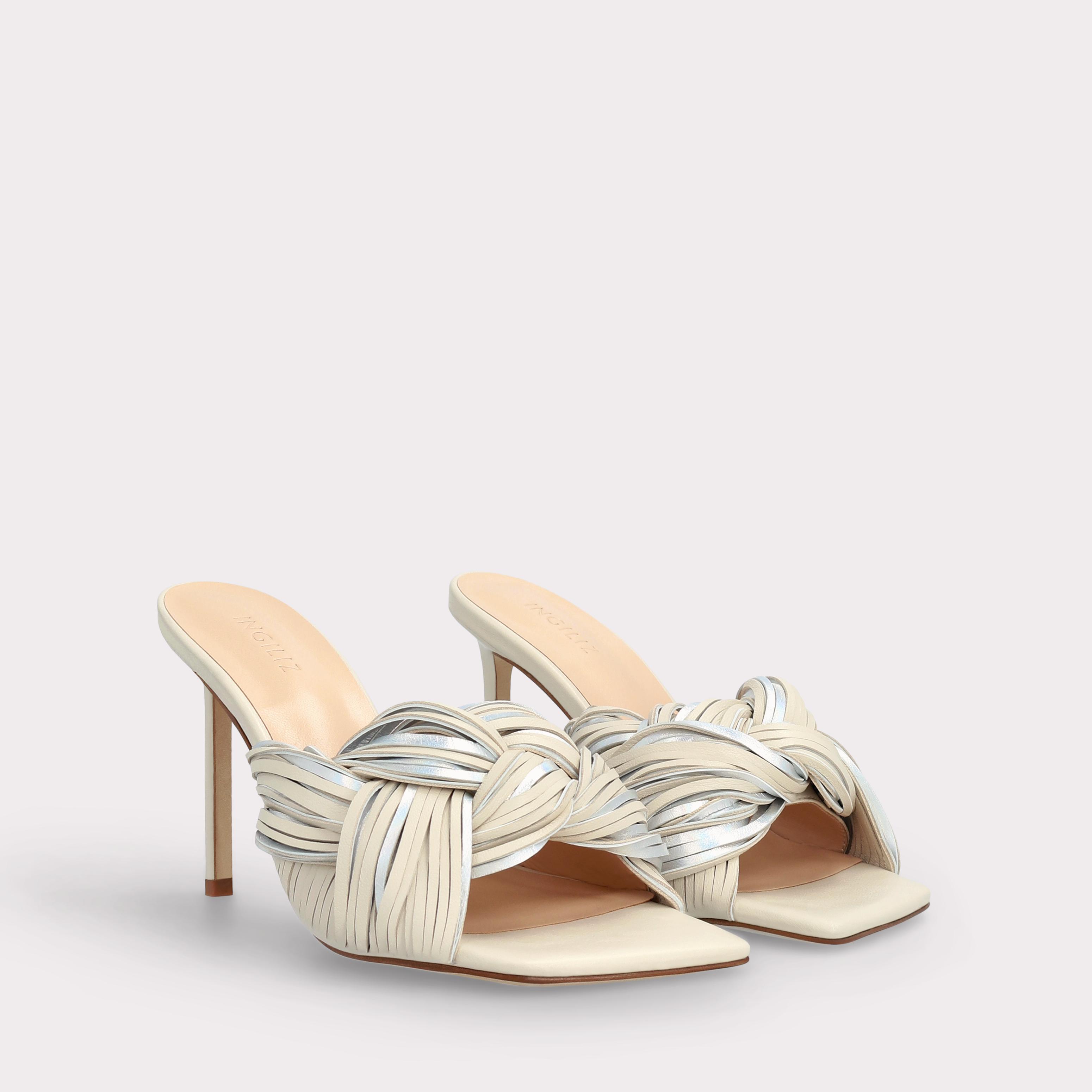 PENELOPE BEIGE AND SILVER LEATHER MULES