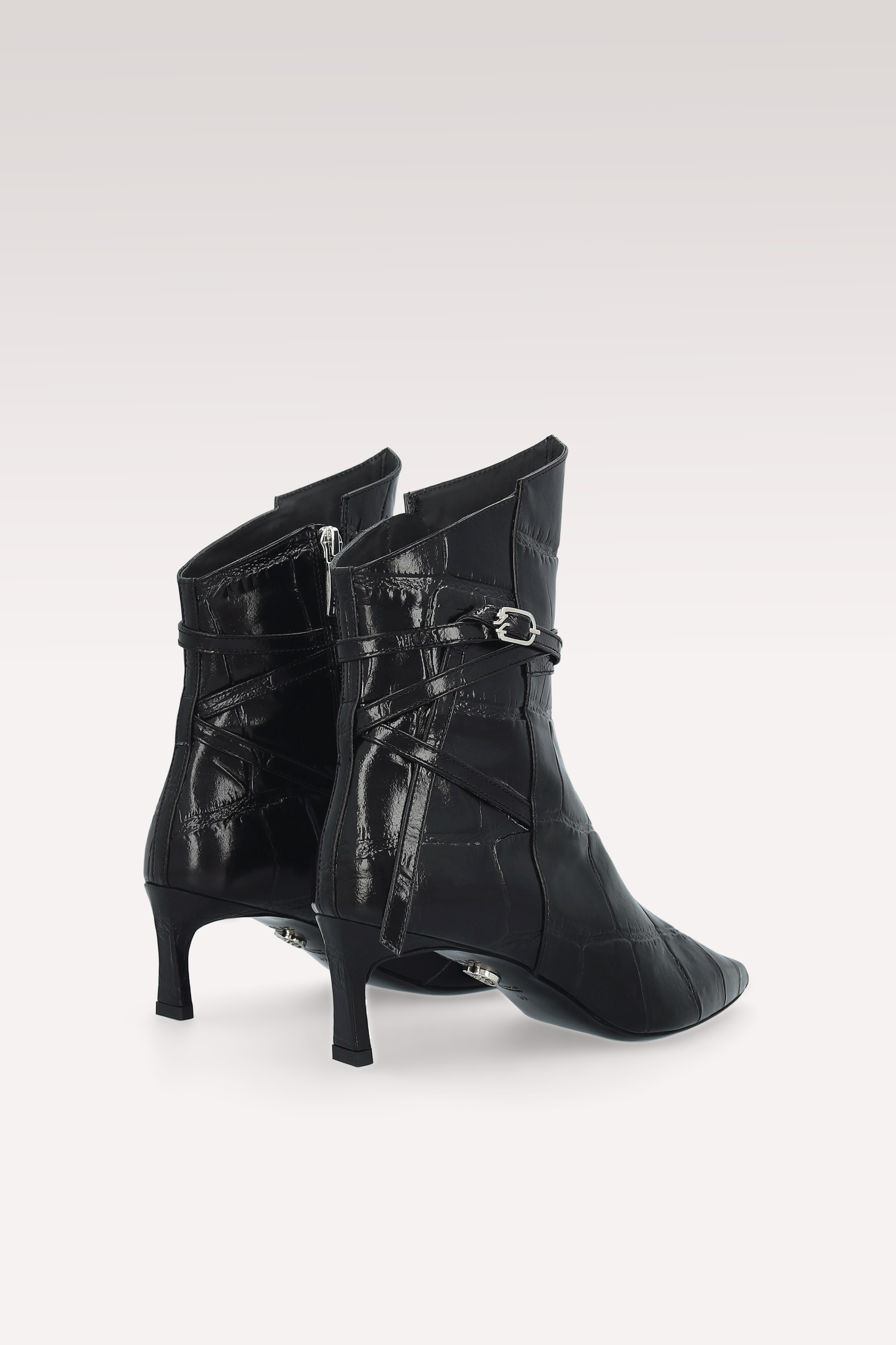 ORIANA BLACK COCCO EMBOSSED LEATHER ANKLE BOOTS AND MILLY MINI BAG
