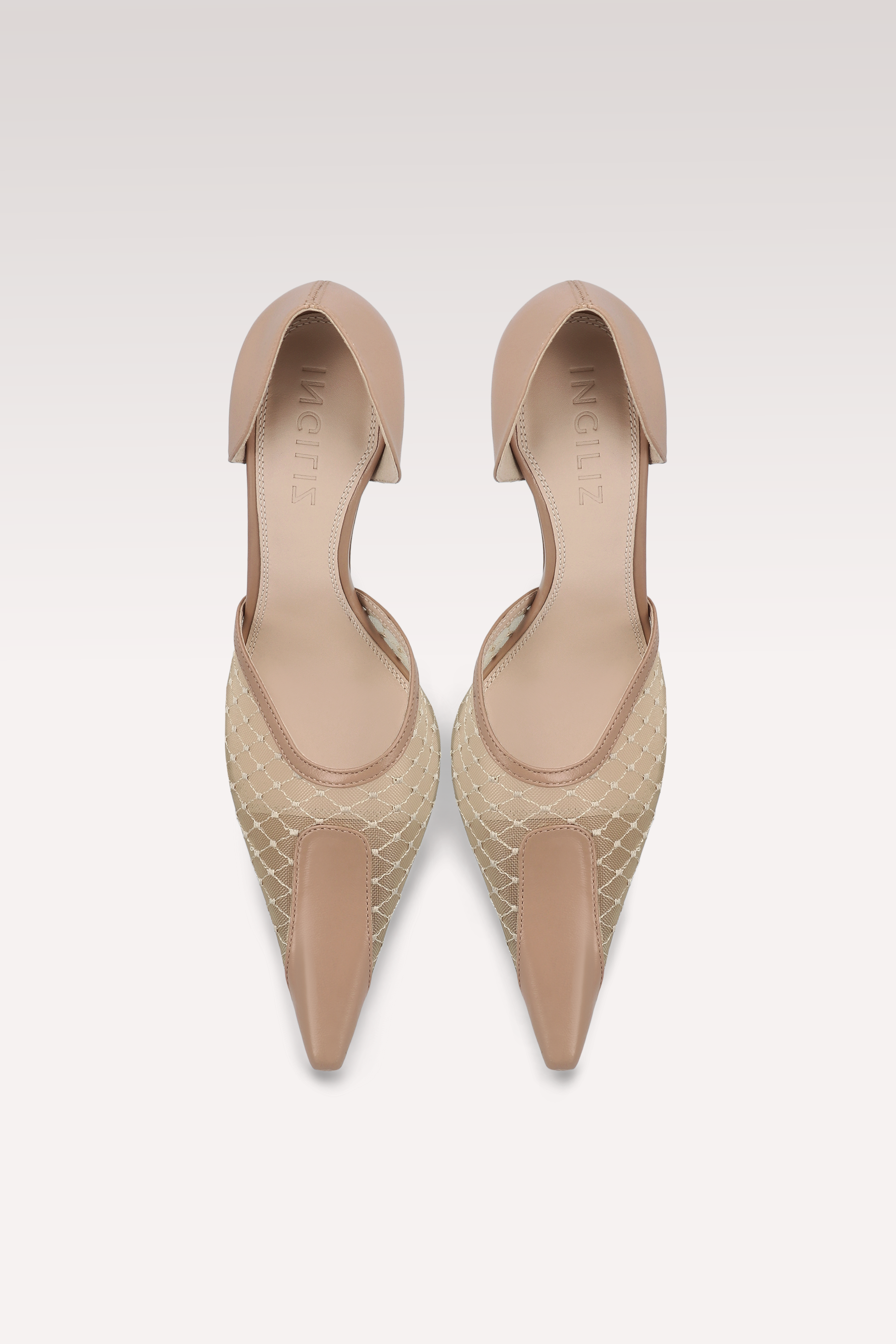 VELVET BEIGE LEATHER AND DIAMOND NET PUMPS