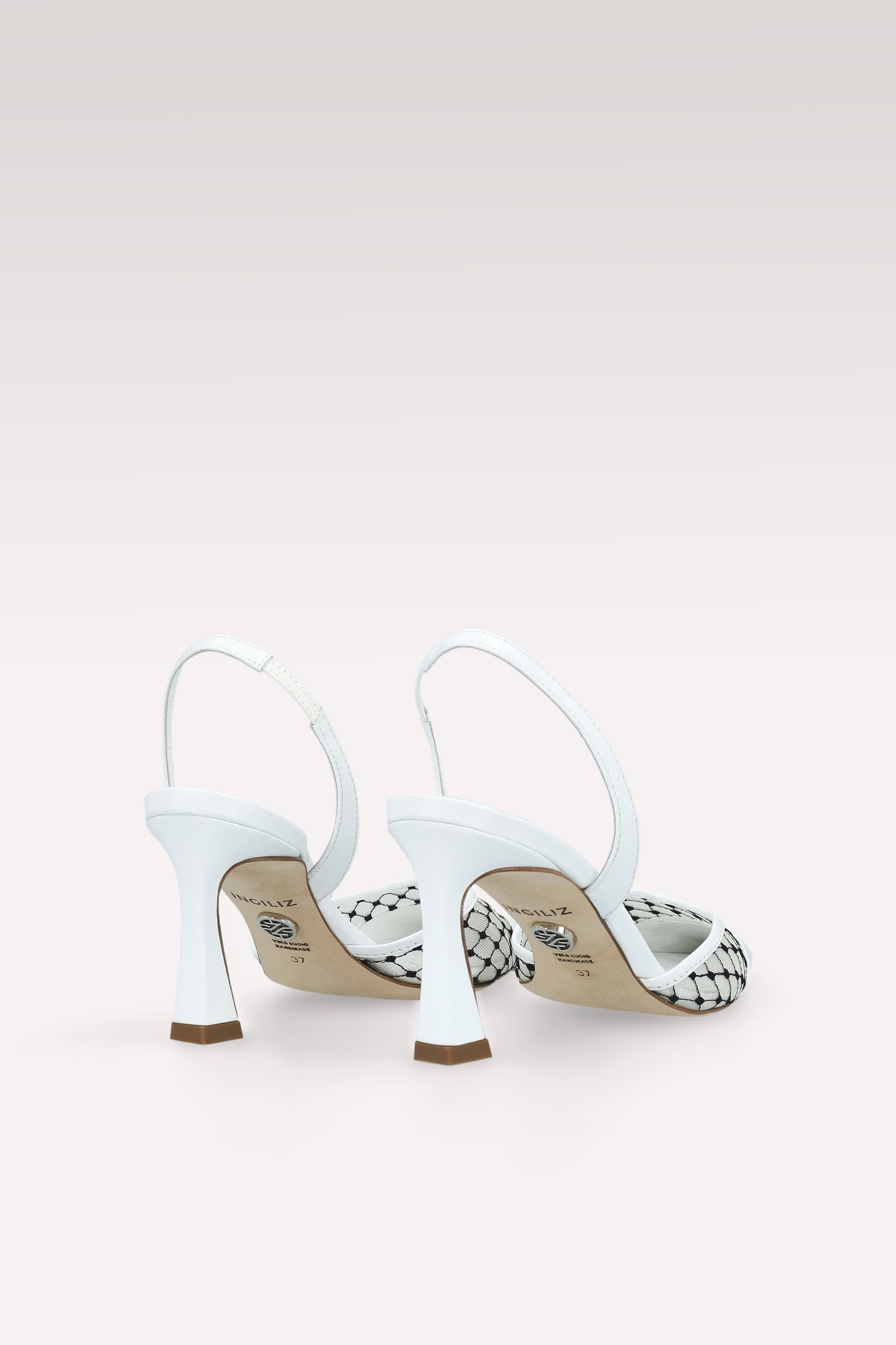 NICOLE WHITE LEATHER AND BLACK MESH SLINGBACKS