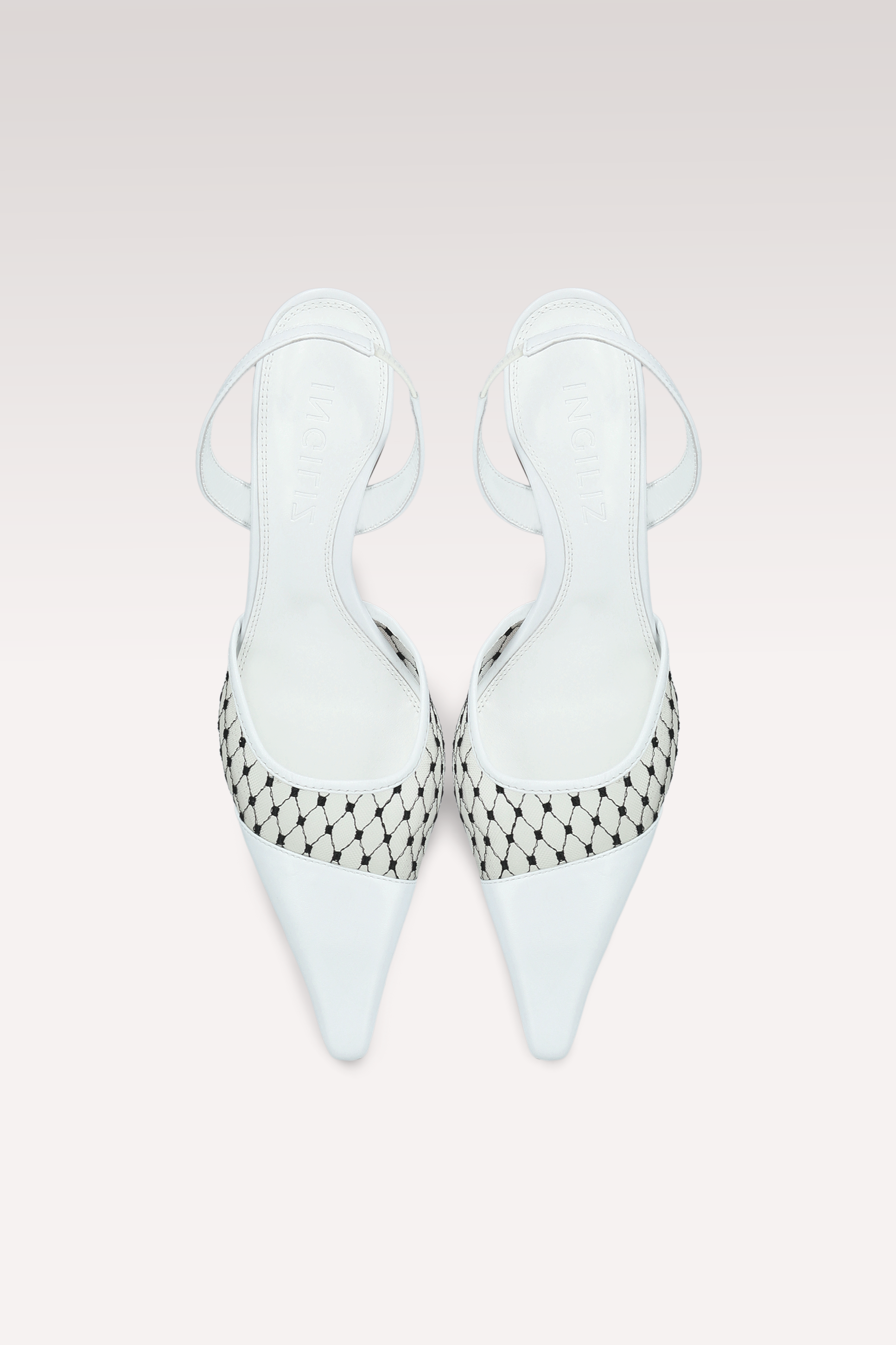 NICOLE WHITE LEATHER AND BLACK MESH SLINGBACKS