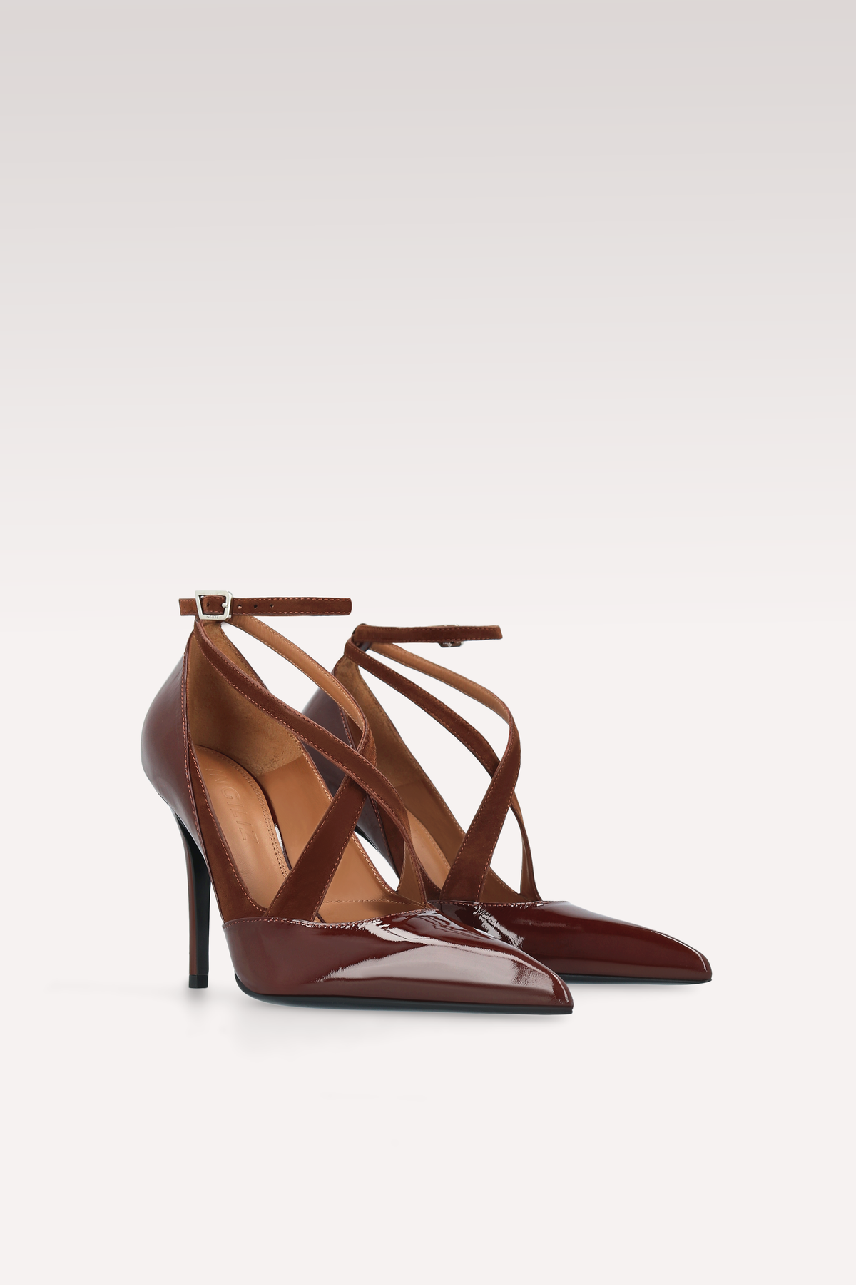 NOCTIS CHOCOLATE BROWN PATENT LEATHER AND SUEDE PUMPS