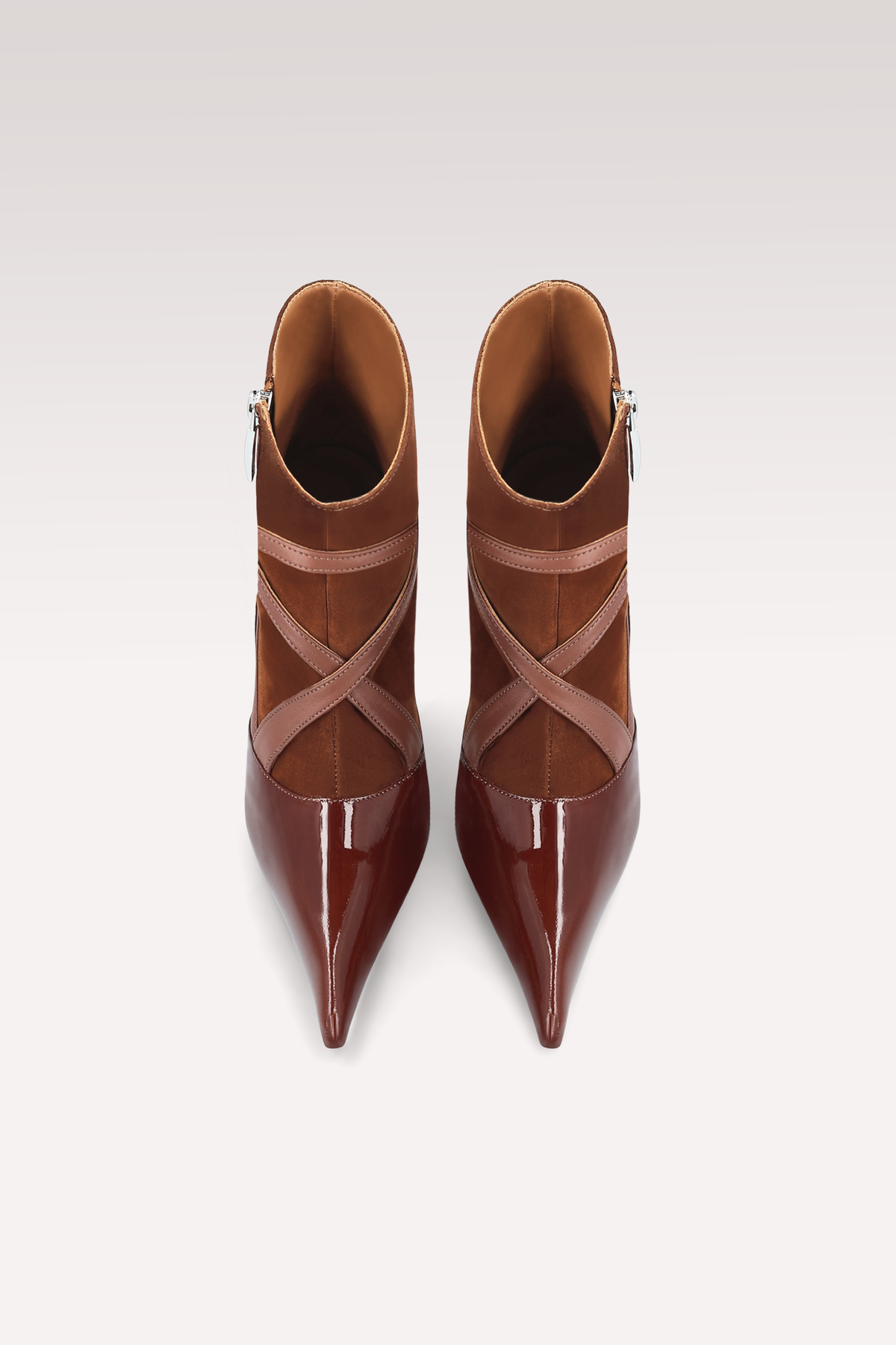 ORION CHOCOLATE BROWN PATENT LEATHER AND SUEDE ANKLE BOOTS