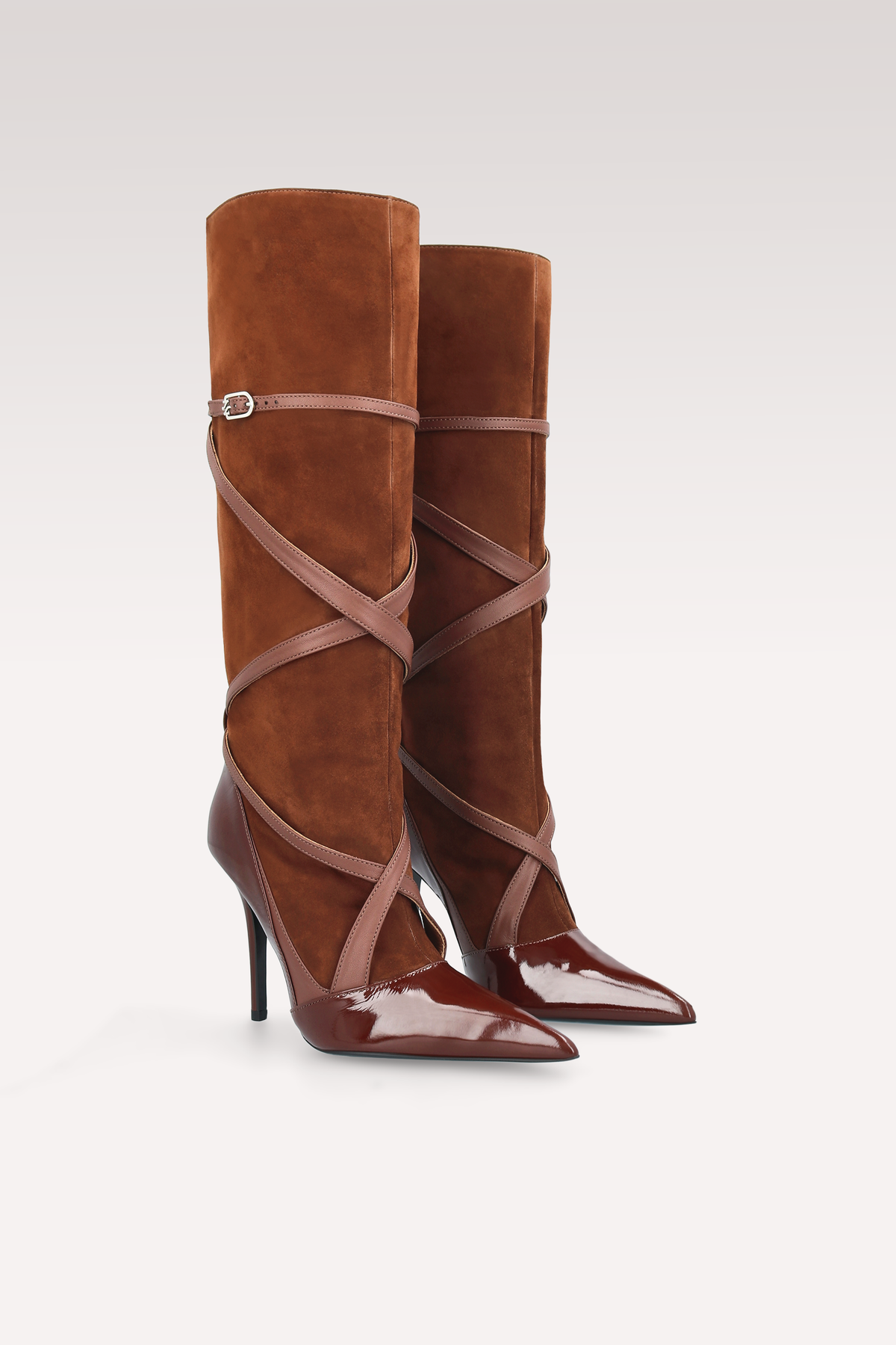 ATLAS CHOCOLATE BROWN PATENT LEATHER, SUEDE AND NAPPA BOOTS