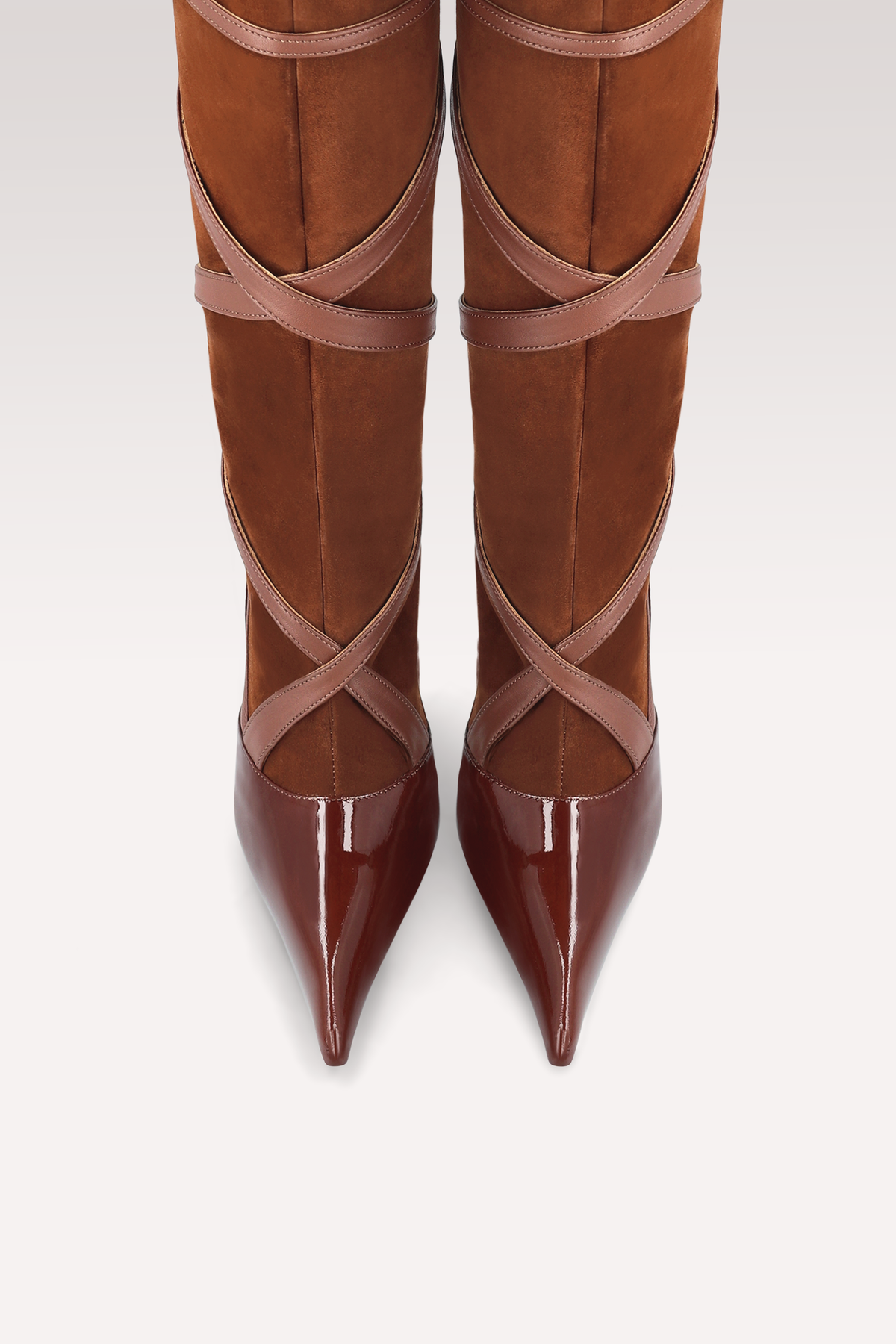 ATLAS CHOCOLATE BROWN PATENT LEATHER, SUEDE AND NAPPA BOOTS