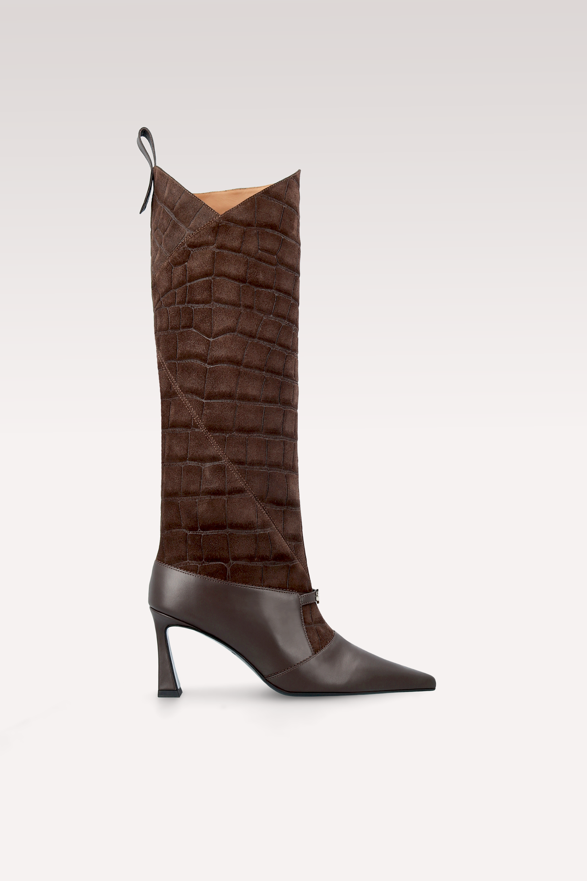 ZERA CHOCOLATE BROWN LEATHER AND CROCO SUEDE BOOTS
