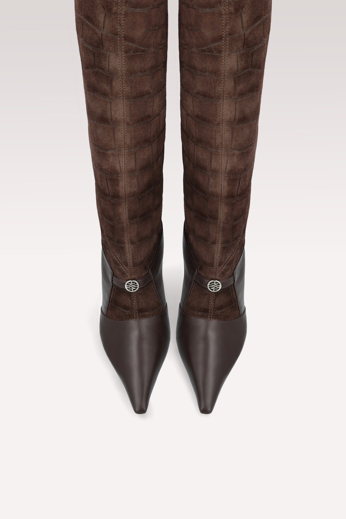 ZERA CHOCOLATE BROWN LEATHER AND CROCO SUEDE BOOTS