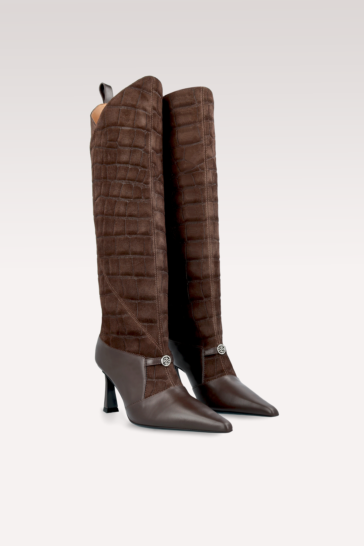 ZERA CHOCOLATE BROWN LEATHER AND CROCO SUEDE BOOTS