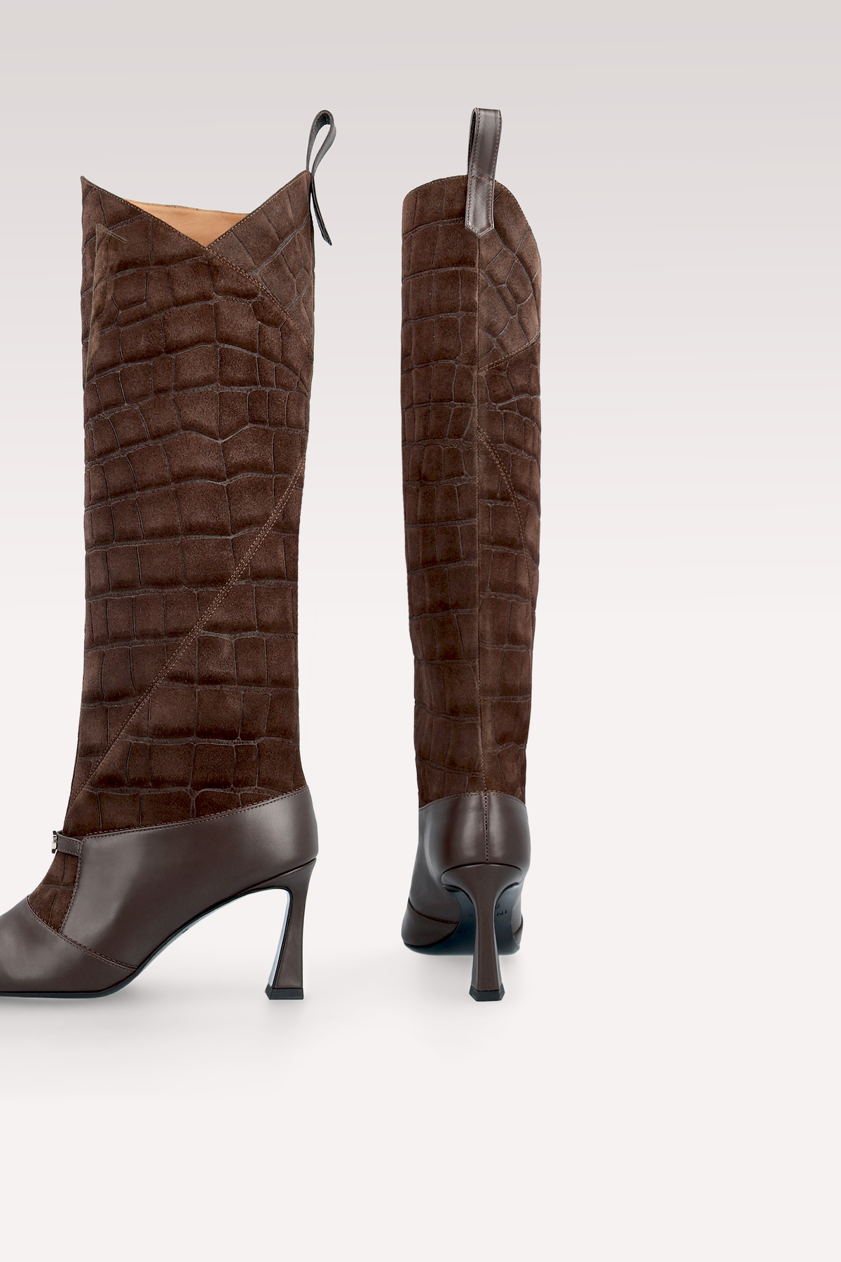 ZERA CHOCOLATE BROWN LEATHER AND CROCO SUEDE BOOTS