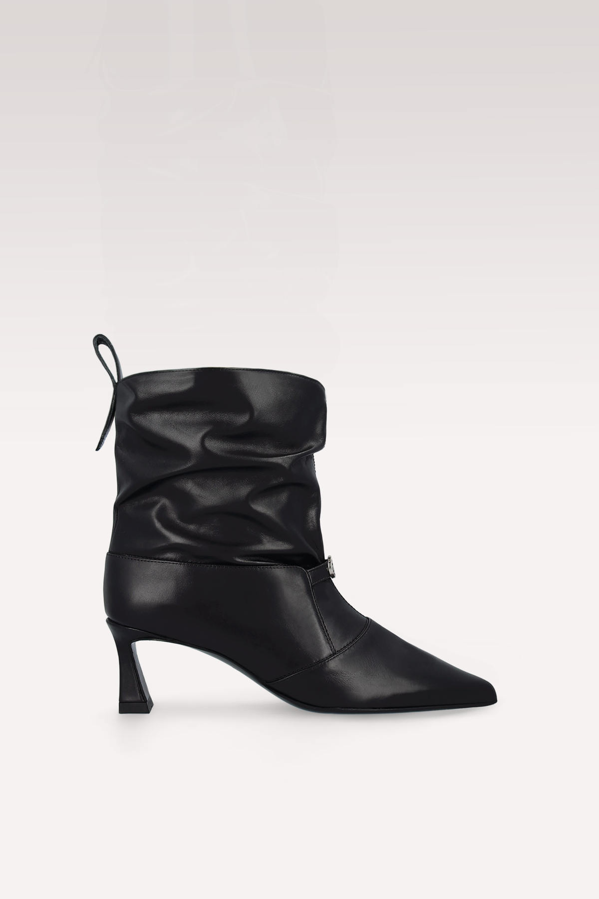 MIRA RUCHED BLACK LEATHER ANKLE BOOTS
