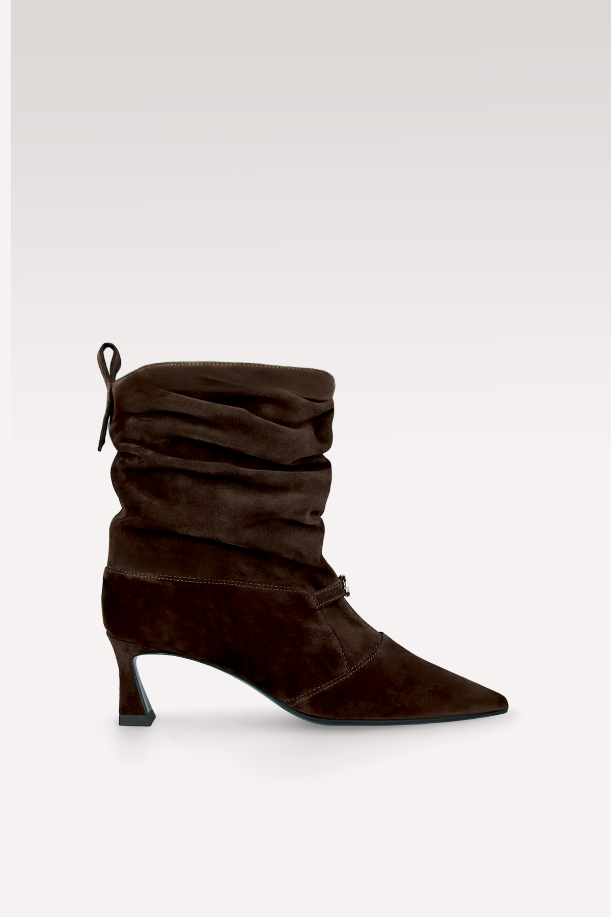 MIRA RUCHED CHOCOLATE BROWN SUEDE LEATHER ANKLE BOOTS
