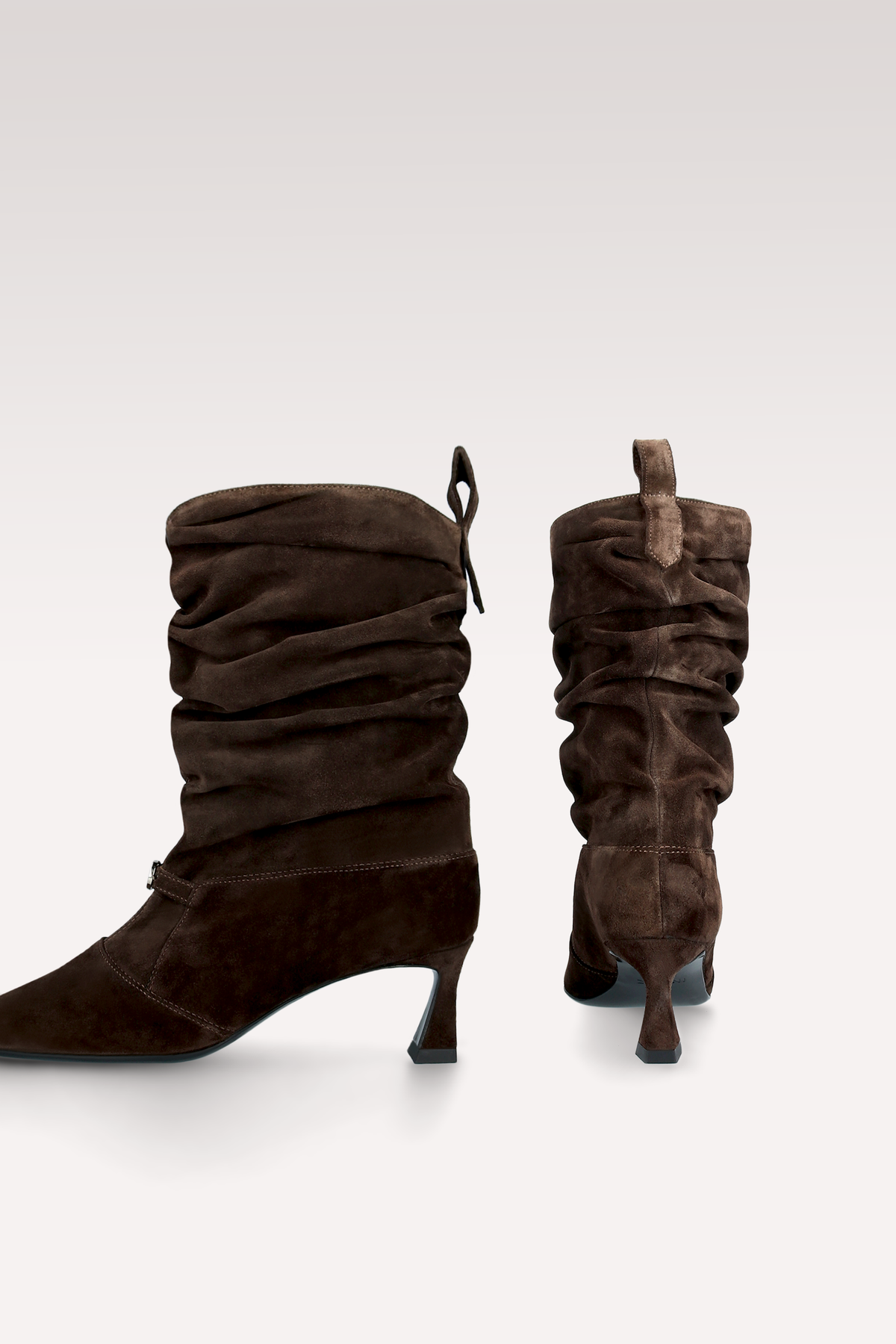 MIRA RUCHED CHOCOLATE BROWN SUEDE LEATHER ANKLE BOOTS