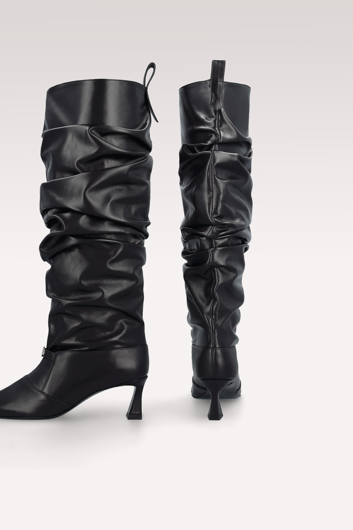 CALA RUCHED BLACK LEATHER BOOTS
