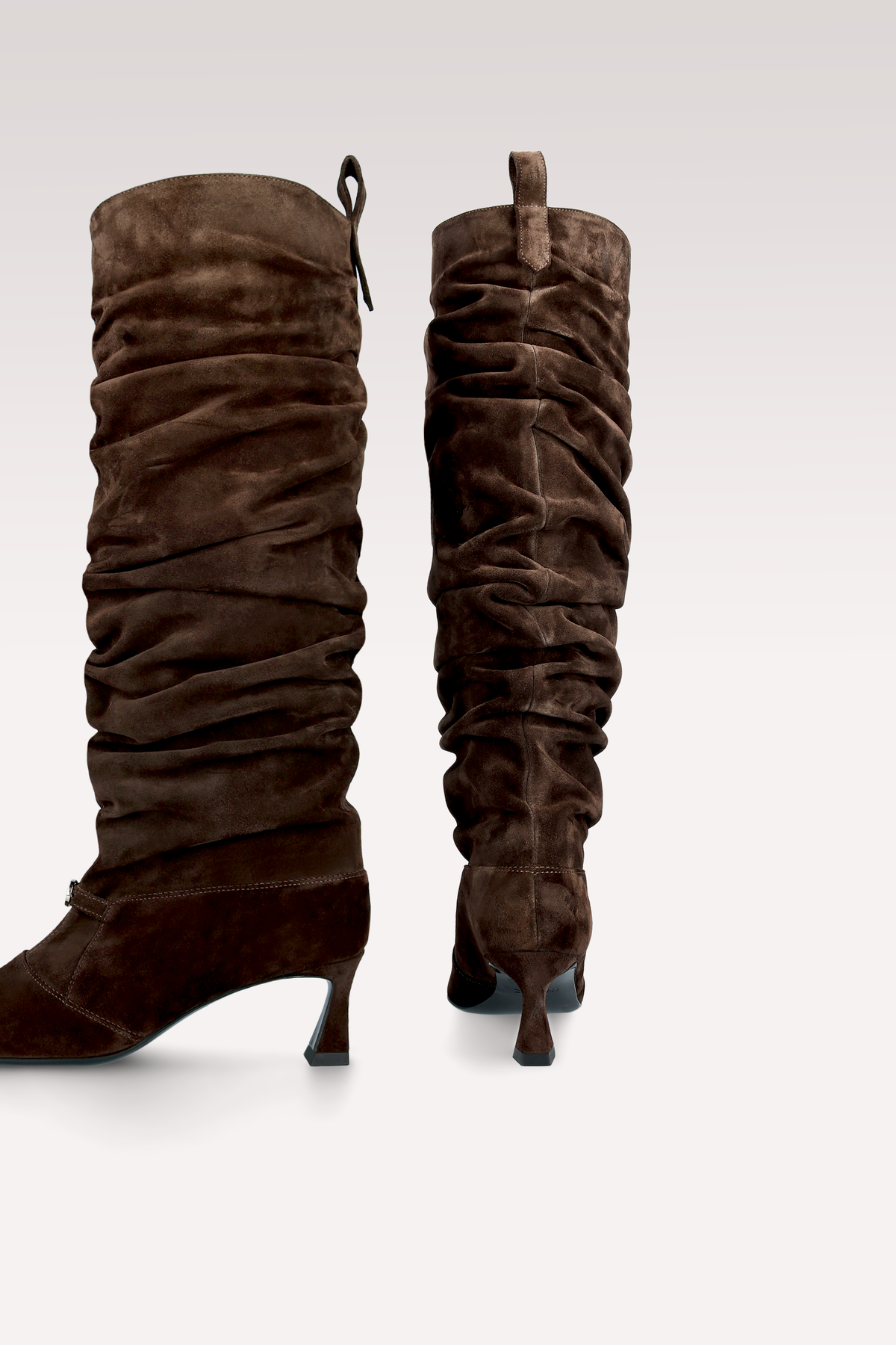 CALA RUCHED CHOCOLATE BROWN SUEDE LEATHER BOOTS