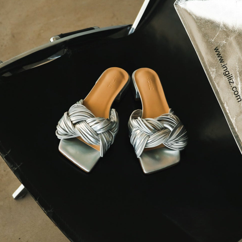 LEXI SILVER AND WHITE LEATHER MULES