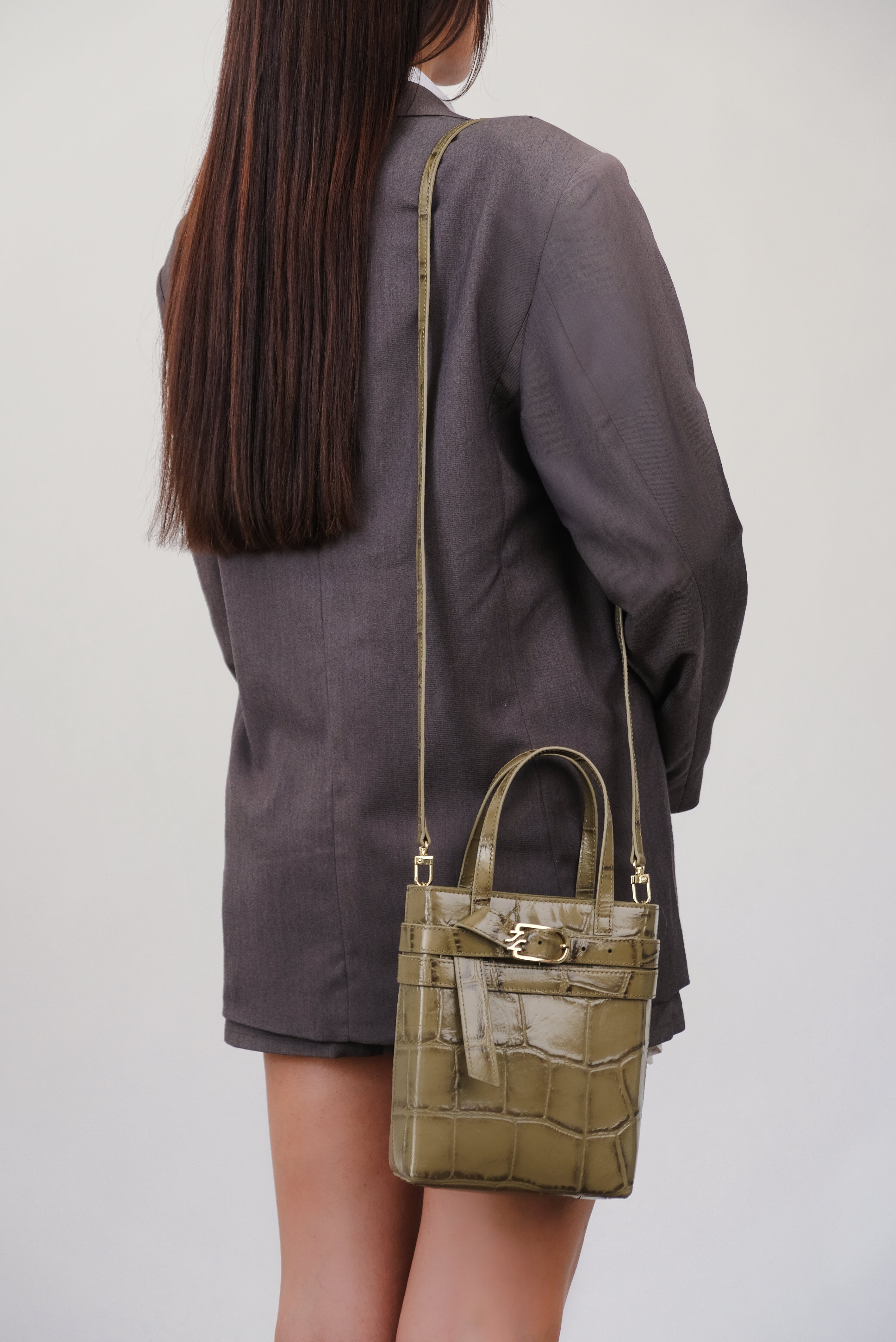 ORIANA OLIVIE COCCO EMBOSSED LEATHER ANKLE BOOTS AND CARRIE CROSSBODY BAG