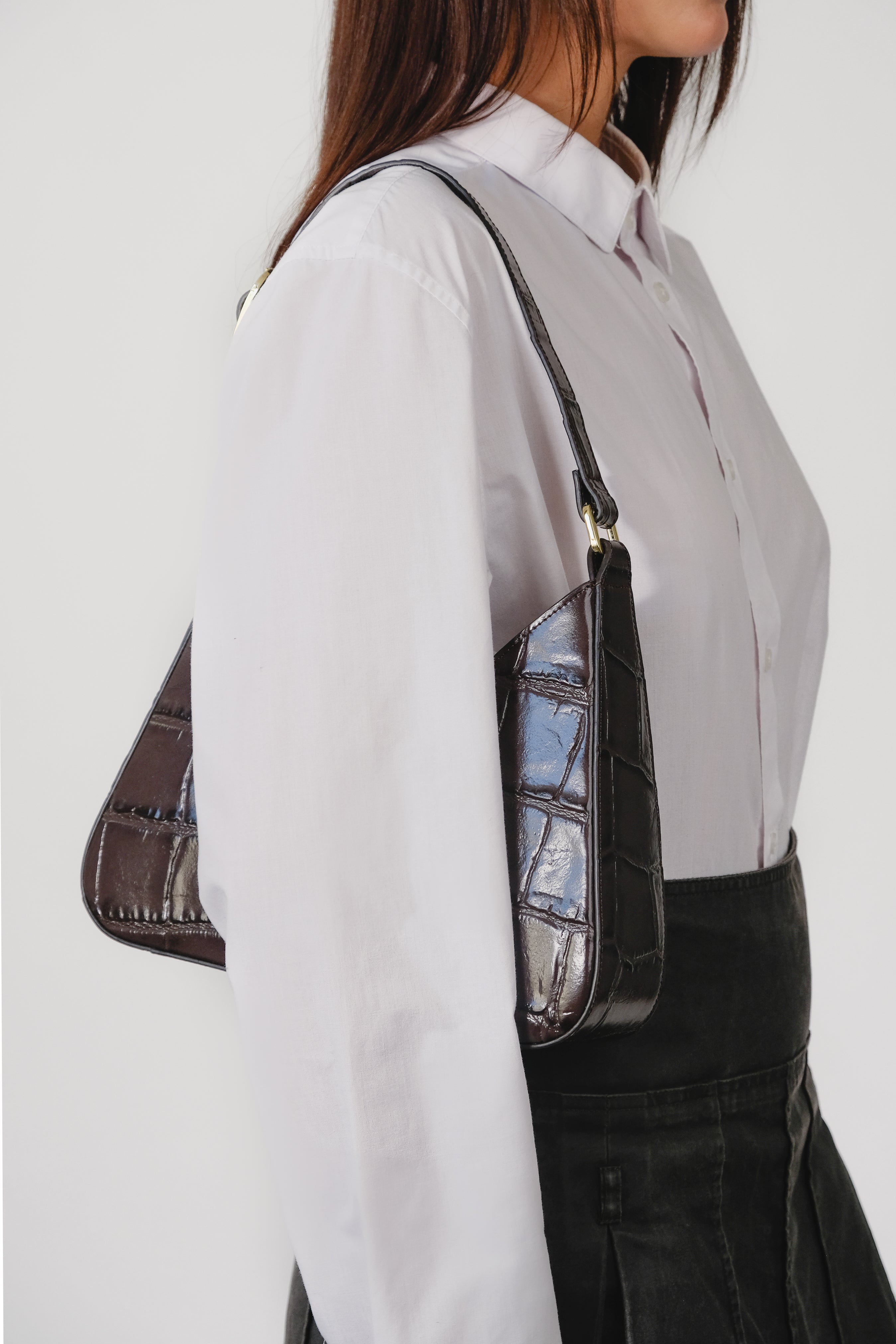 DALIA BROWN COCCO EMBOSSED LEATHER SHOULDER BAG