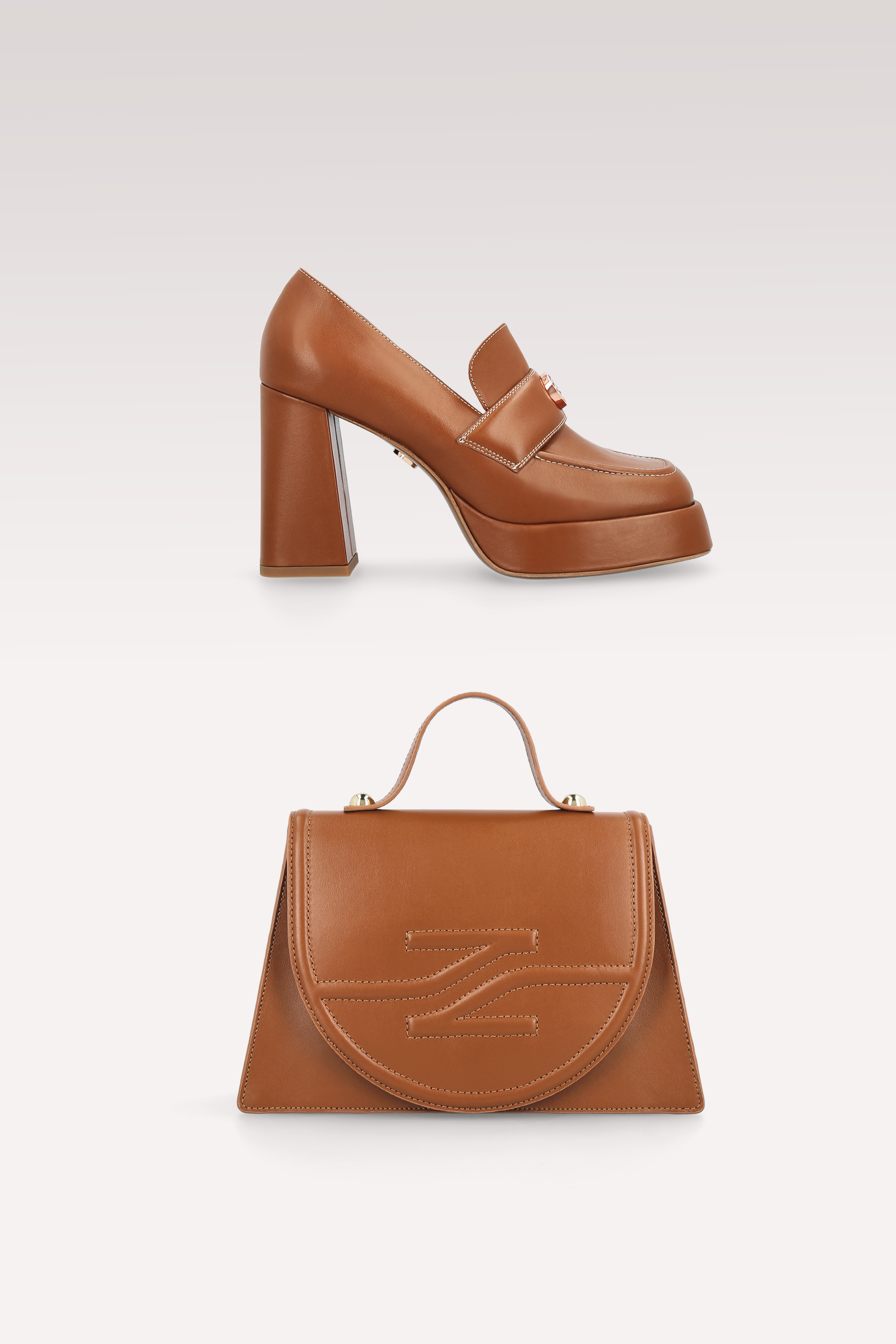 CINDY MOK 02 BROWN STITCH LEATHER PLATFORM PUMPS AND COLETTE CROSSBODY BAG
