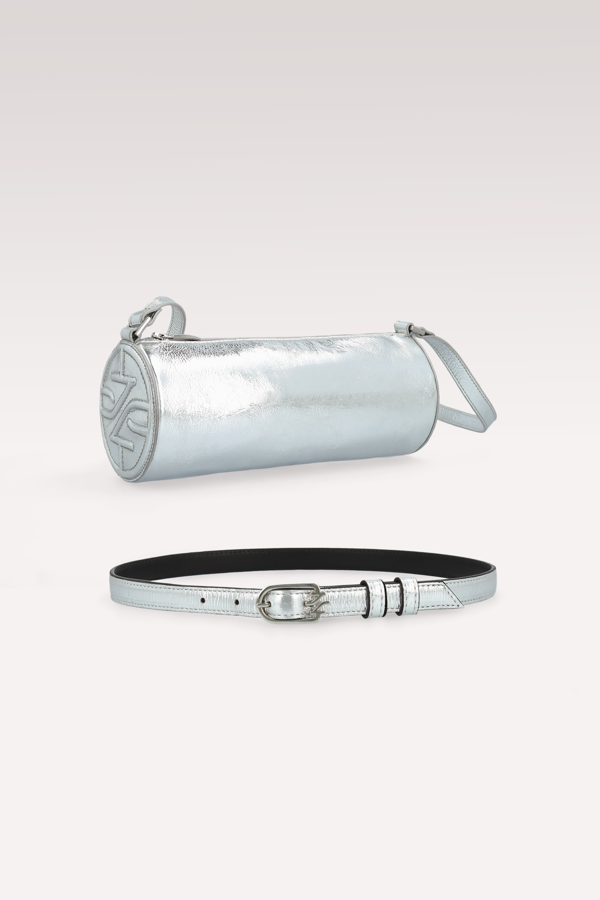 FIONA SILVER METALLIC WRINKLED LEATHER CROSSBODY BAG AND JULIE LEATHER BELT