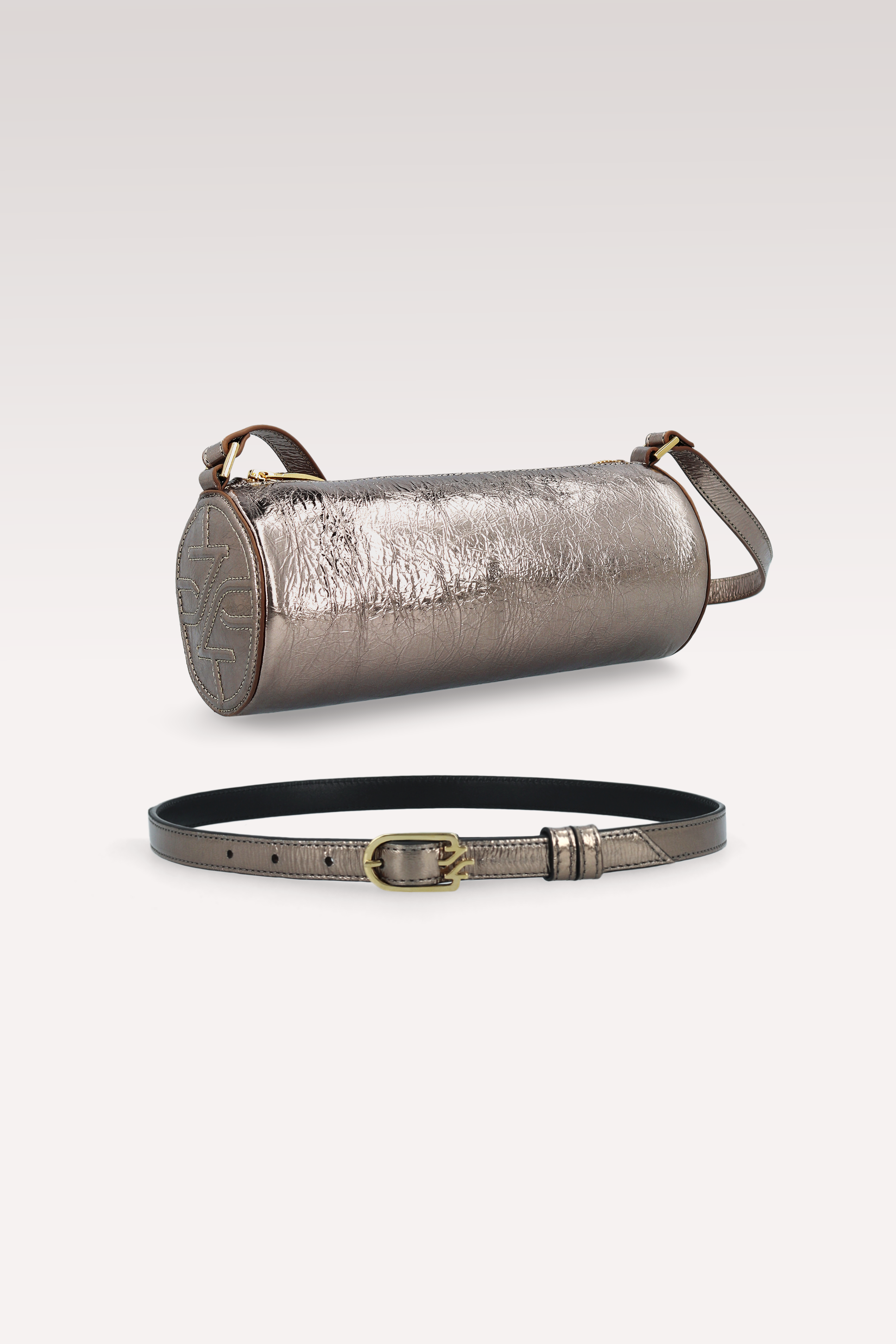 FIONA BRASS METALLIC WRINKLED LEATHER CROSSBODY BAG AND JULIE LEATHER BELT