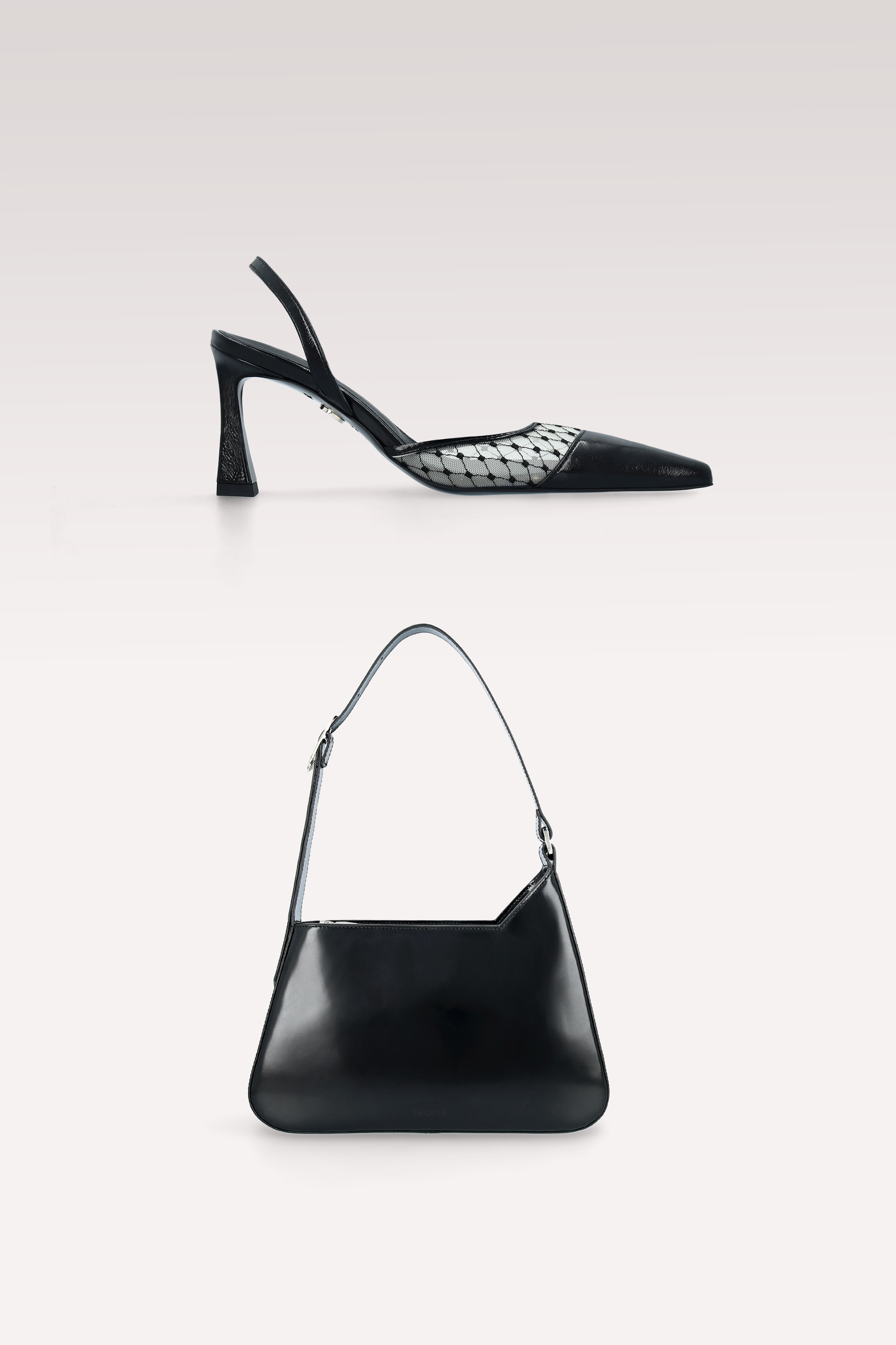 NICOLE LEATHER AND MESH SLINGBACKS AND DALIA BLACK SEMI PATENT LEATHER SHOULDER BAG