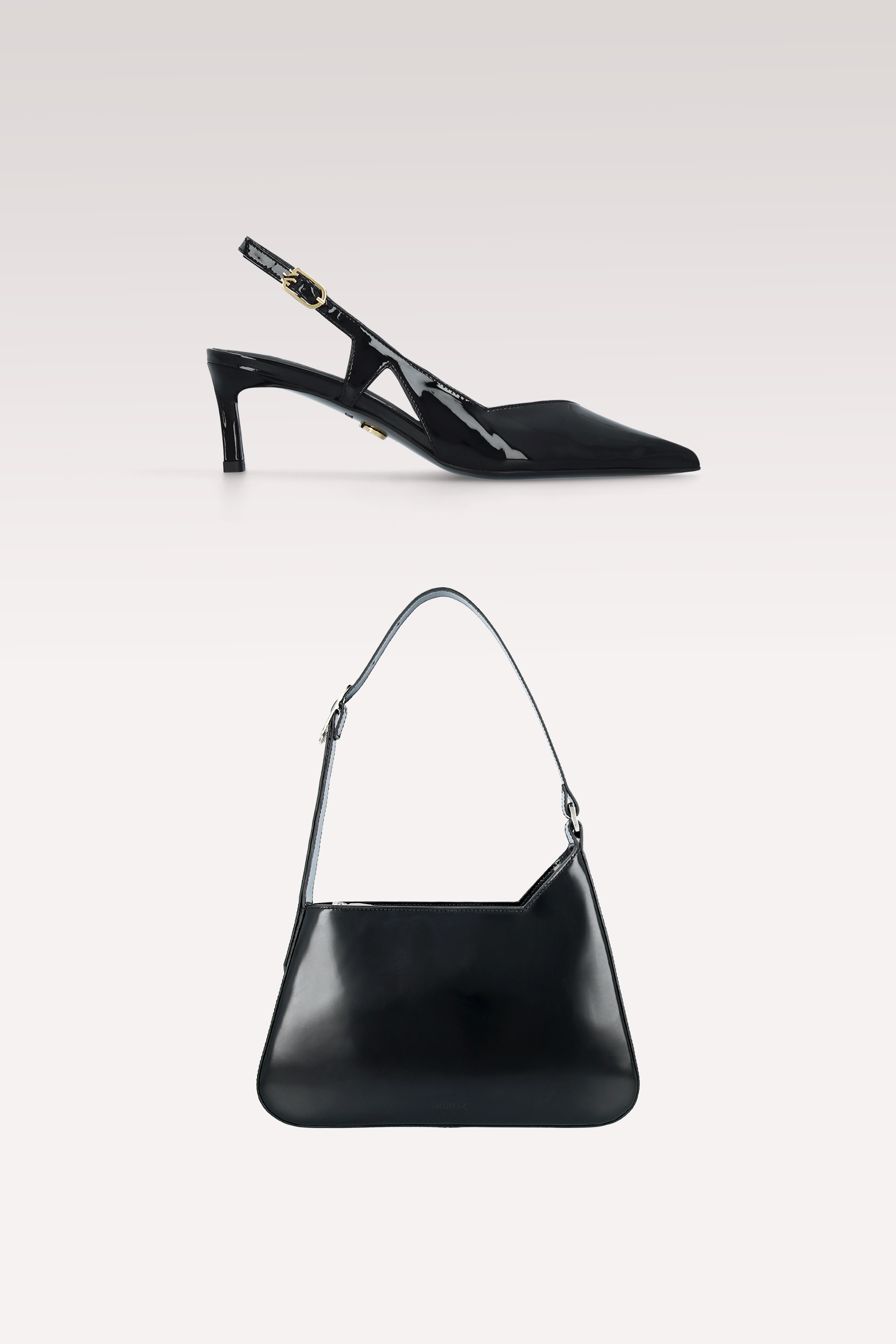 ORCHID BLACK PATENT LEATHER SLINGBACK PUMPS AND DALIA SEMI PATENT LEATHER SHOULDER BAG