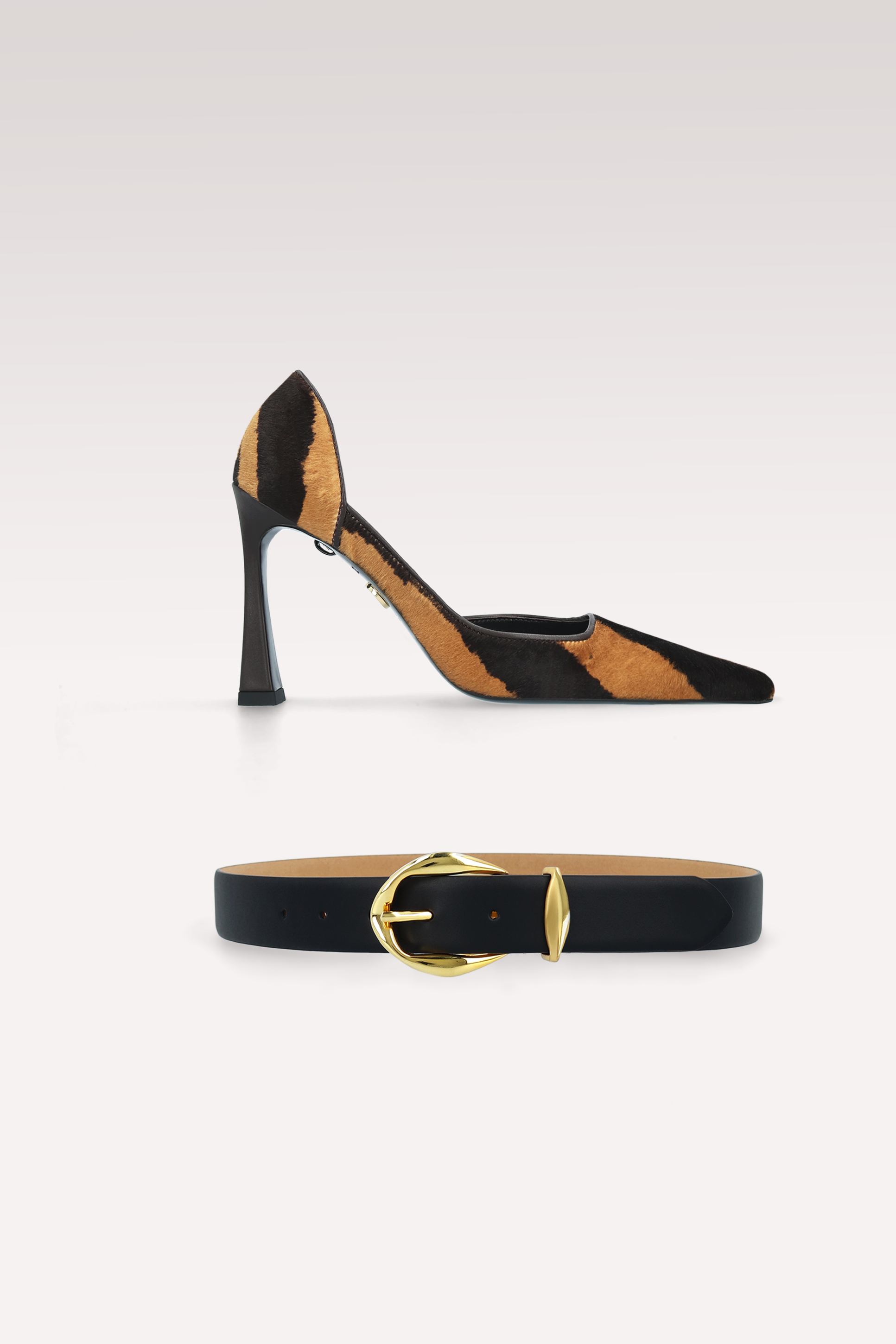 VERTEX BROWN TIGER PRINT HAIR LEATHER PUMPS AND SERAFINE BLACK LEATHER BELT