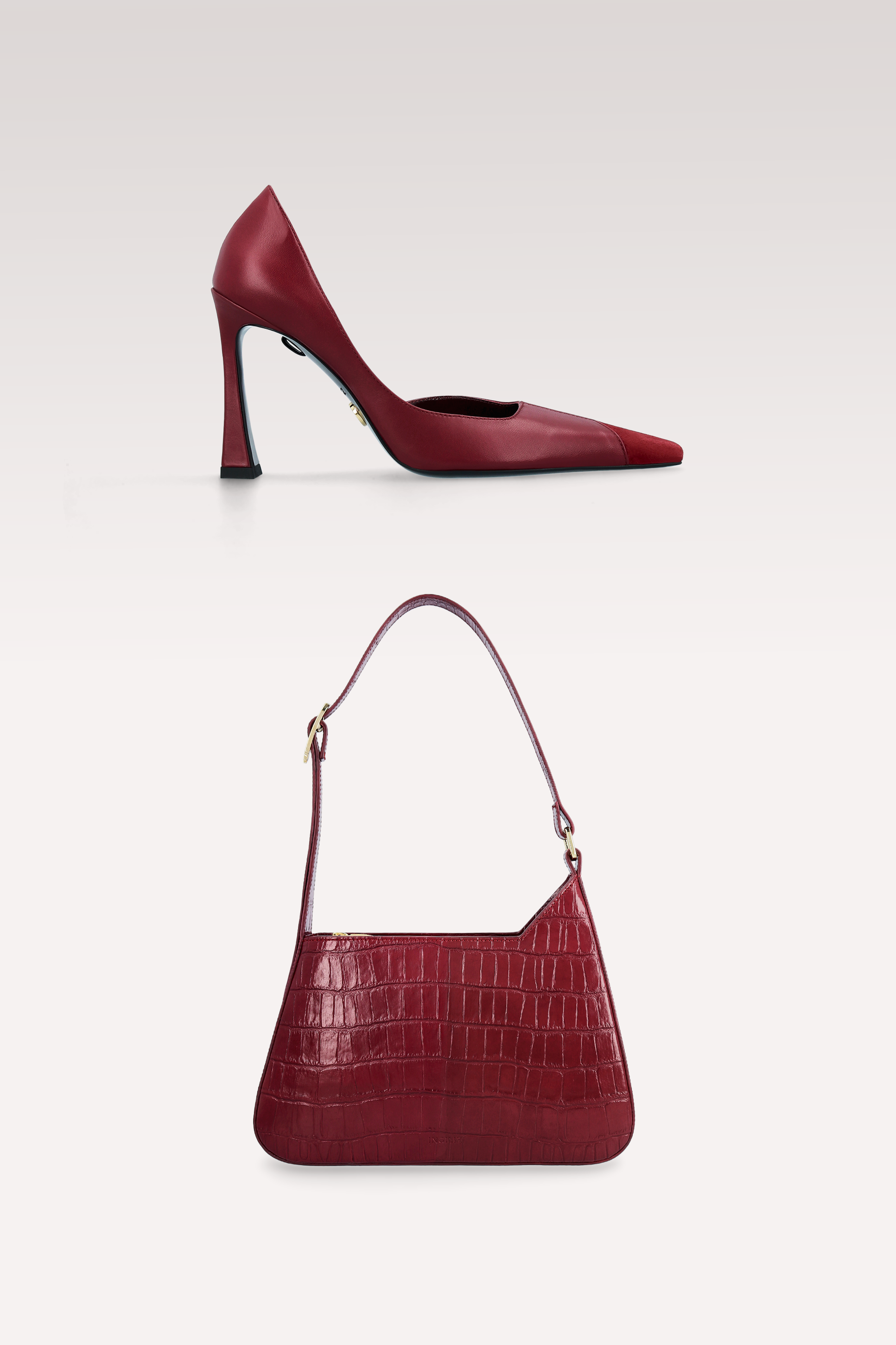 VESPER BORDEAUX LEATHER PUMPS AND DALIA CHERRY COCCO EMBOSSED LEATHER SHOULDER BAG
