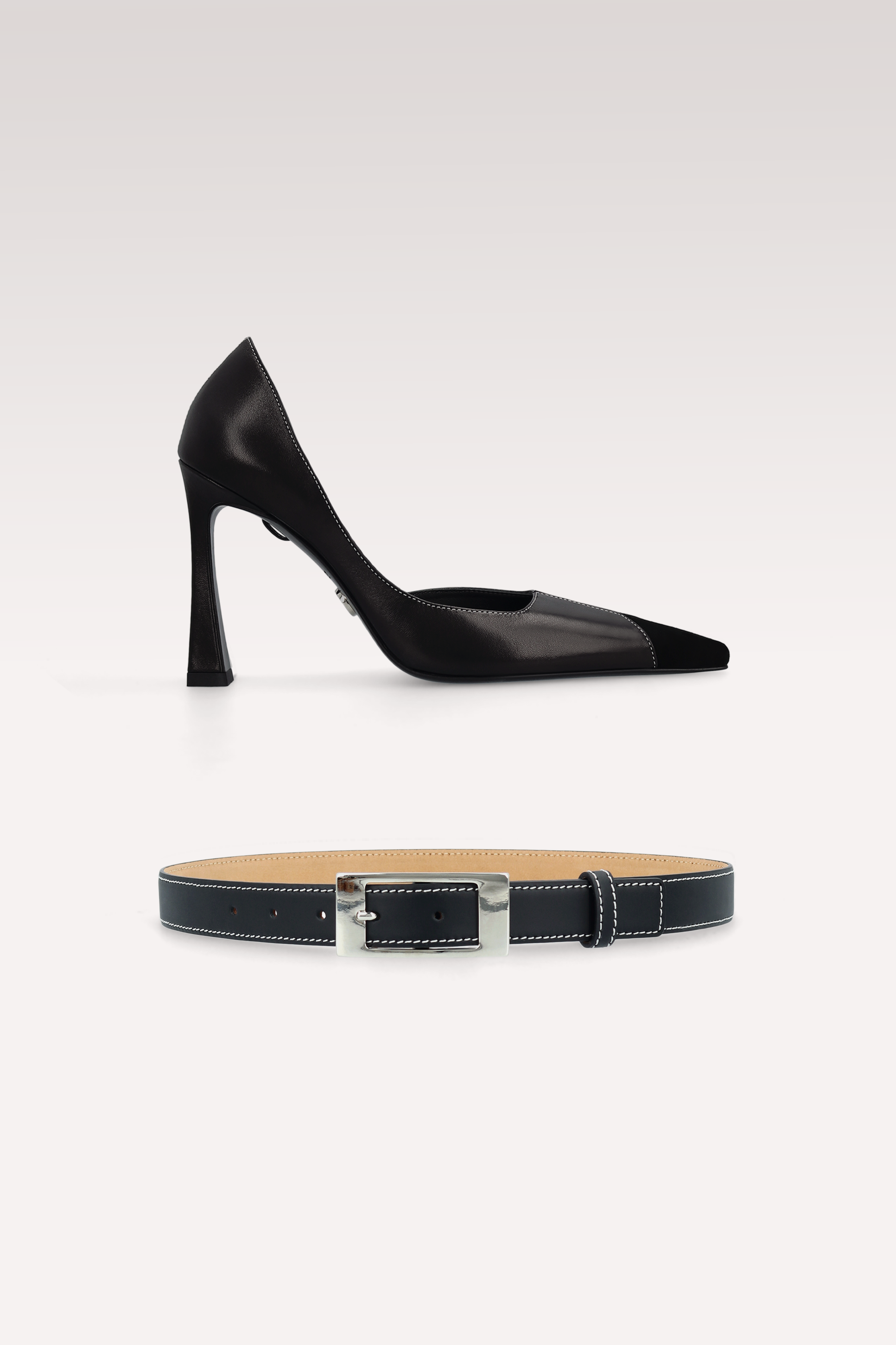 VESPER PUMPS AND ELIRA BLACK LEATHER BELT WITH WHITE STITCHING