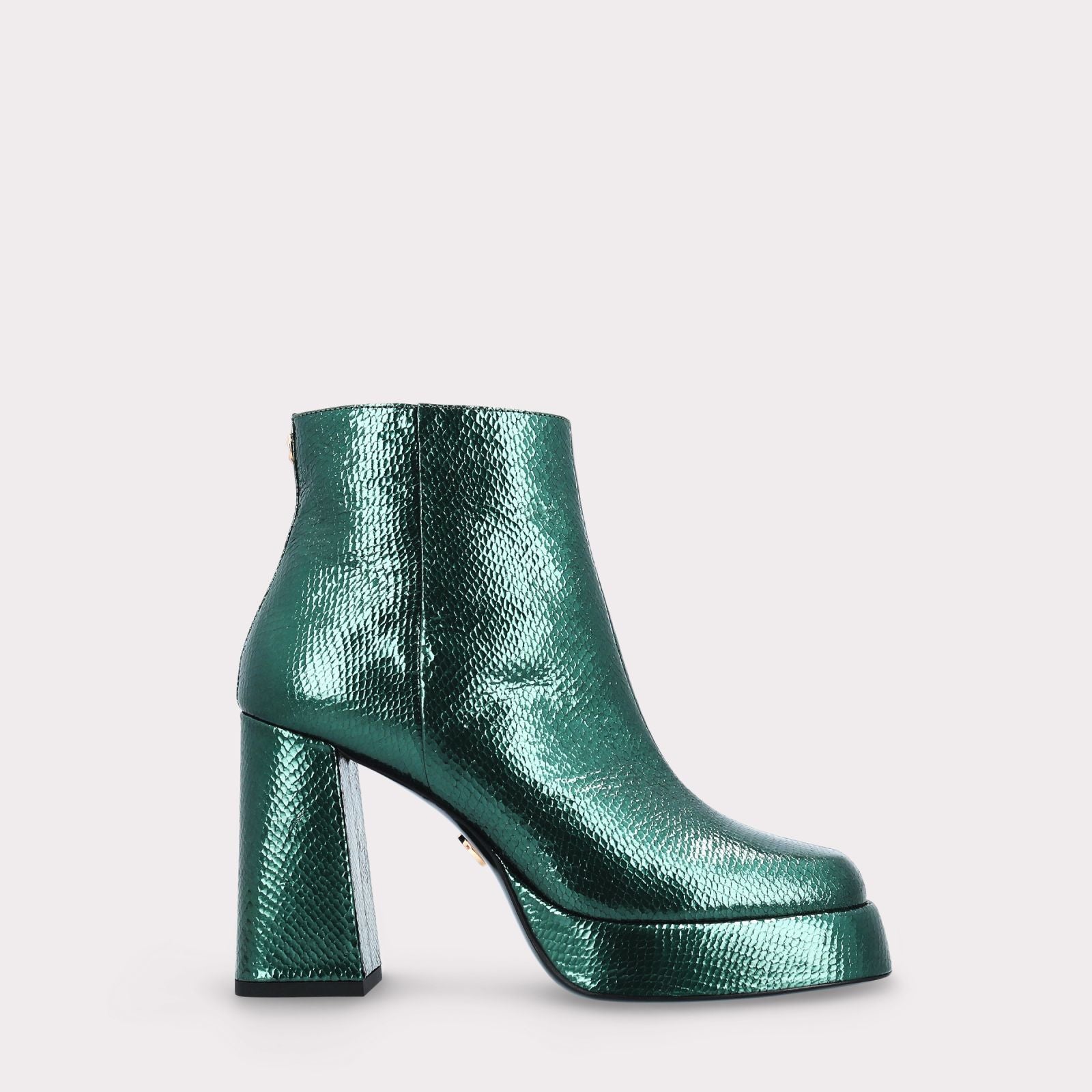 CINDY ZIP 02 MOSS GREEN MINI VIPER  EMBOSSED LEATHER PLATFORM ANKLE BOOTS